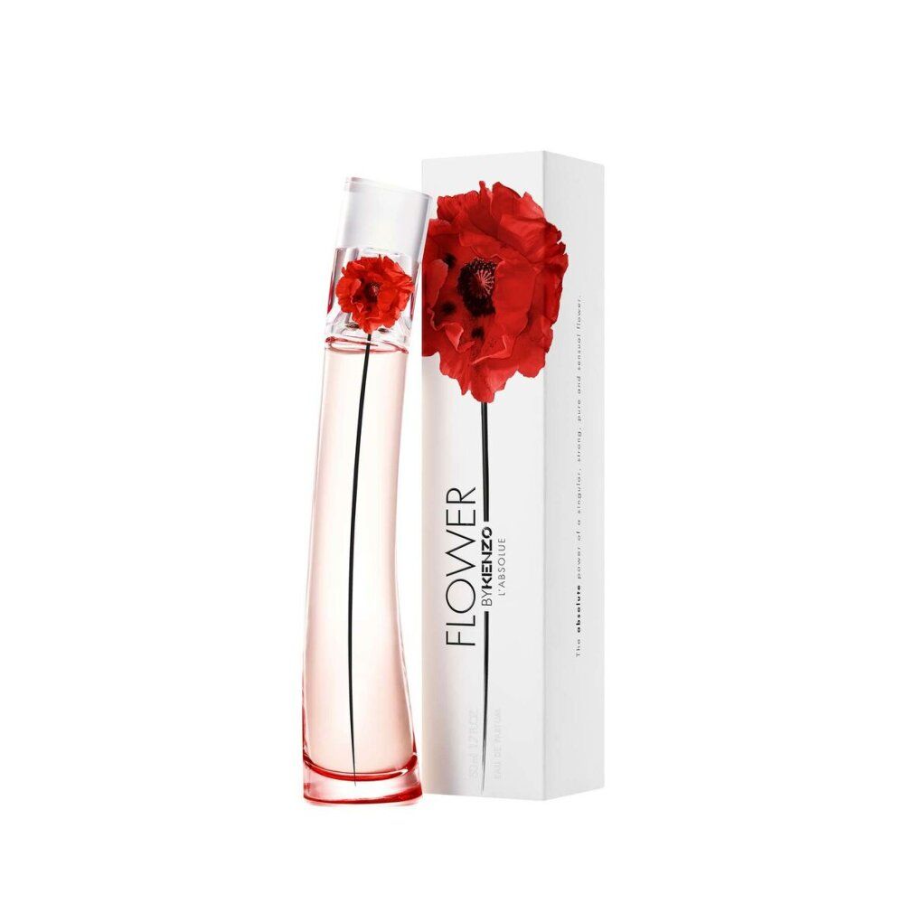 Parfümflakon und Verpackung. Flakon mit roter Blume, Verpackung mit Mohnblume und Schriftzug "FLOWER BY KENZO".