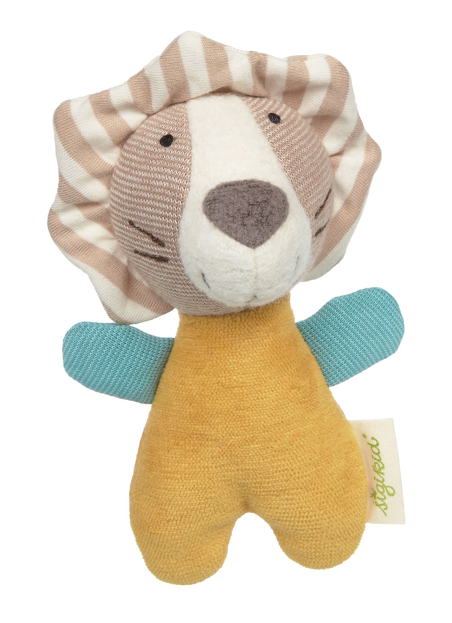 Stofftier Löwe mit gestreifter Mähne, blau-gelben Flügeln und dem Label "sigikid".