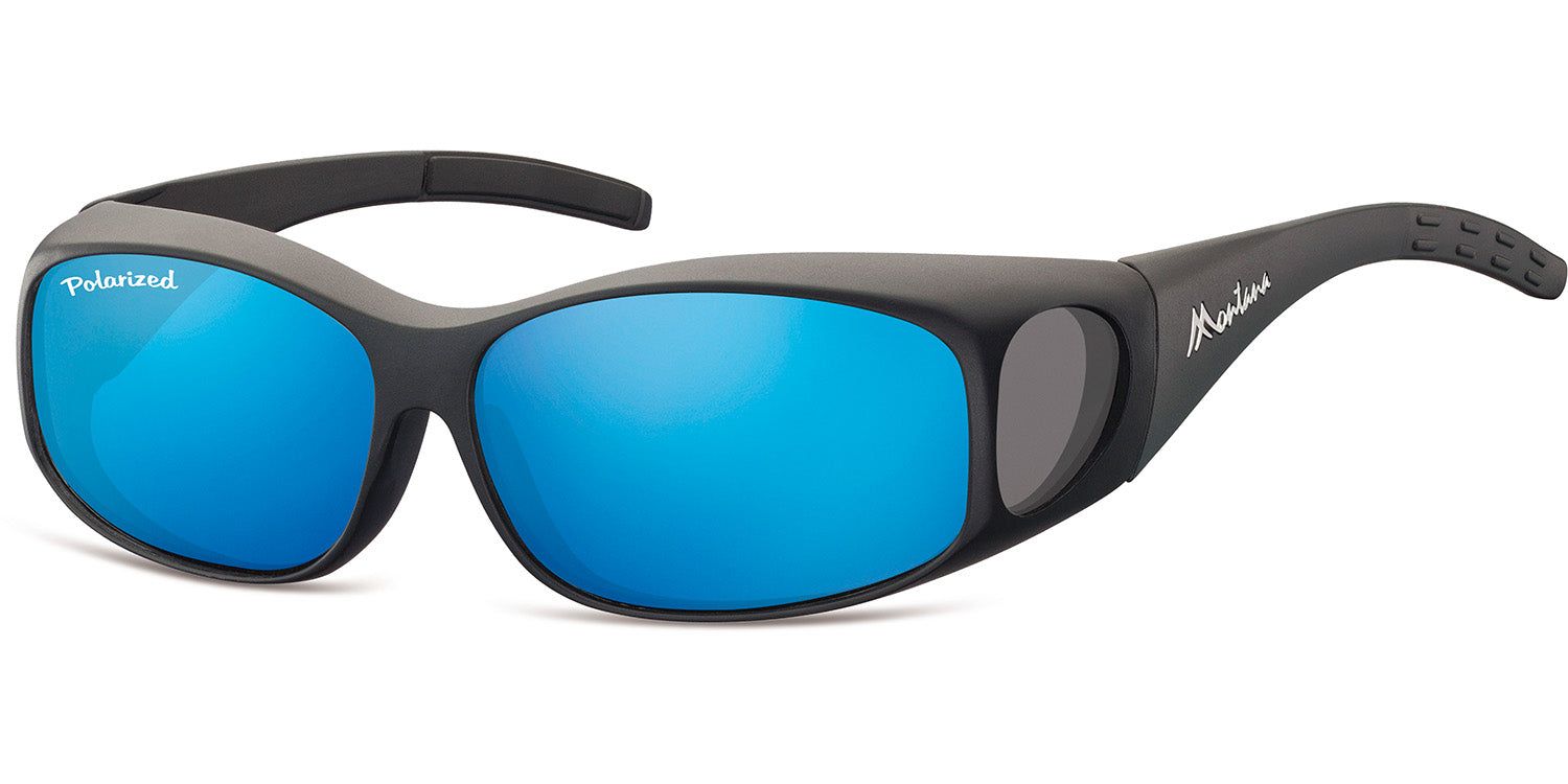 Sonnen-Überbrille mit blauen Gläsern. Schwarzer Rahmen, seitlicher Schutz. Aufschrift: Polarized, Montana.