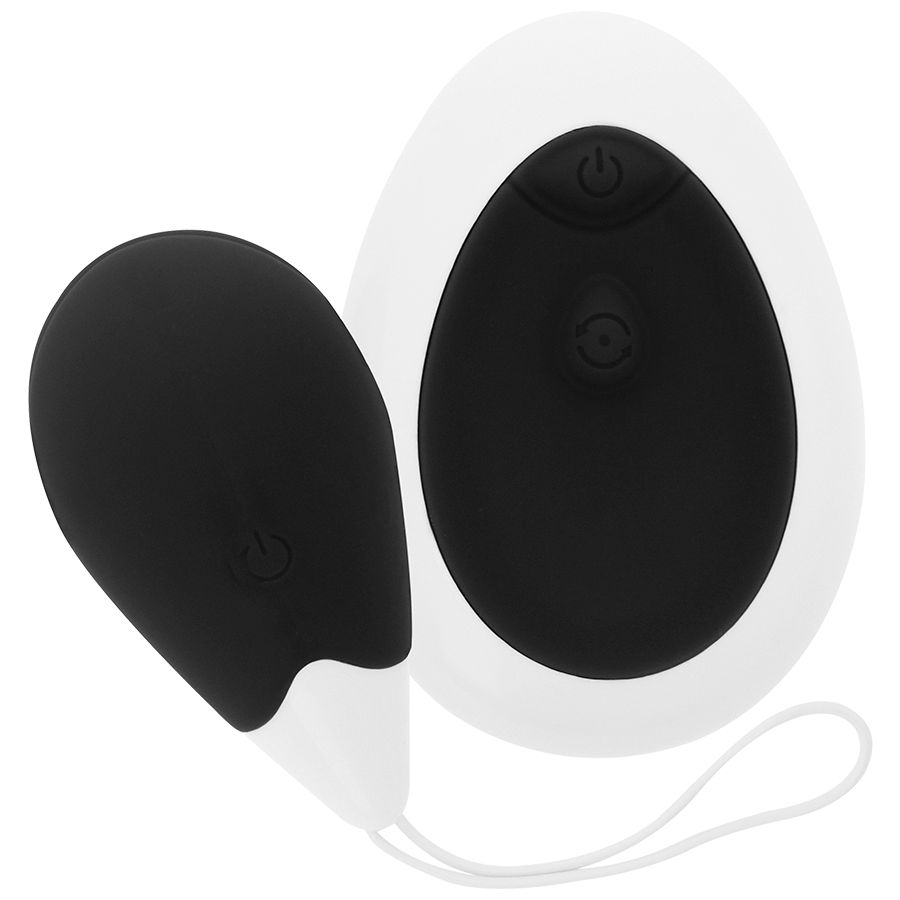 Zwei schwarze, eiförmige Vibratoren mit weißer Basis und Schnur. Auf der Oberfläche sind Knöpfe sichtbar.