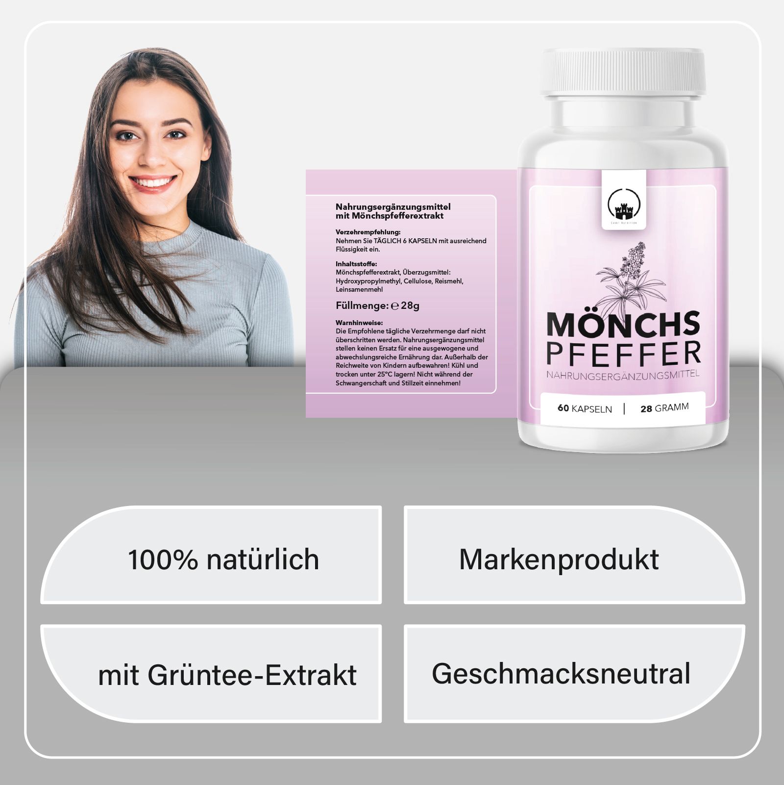Frau lächelt. Produktflasche und Etikett. Text: 100% natürlich, Markenprodukt, mit Grüntee-Extrakt, geschmacksneutral.