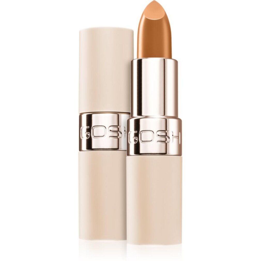 Lippenstift in beiger Hülse, geöffnet und geschlossen. Der Lippenstift hat eine goldbraune Farbe. Das Produkt ist von Gosh.