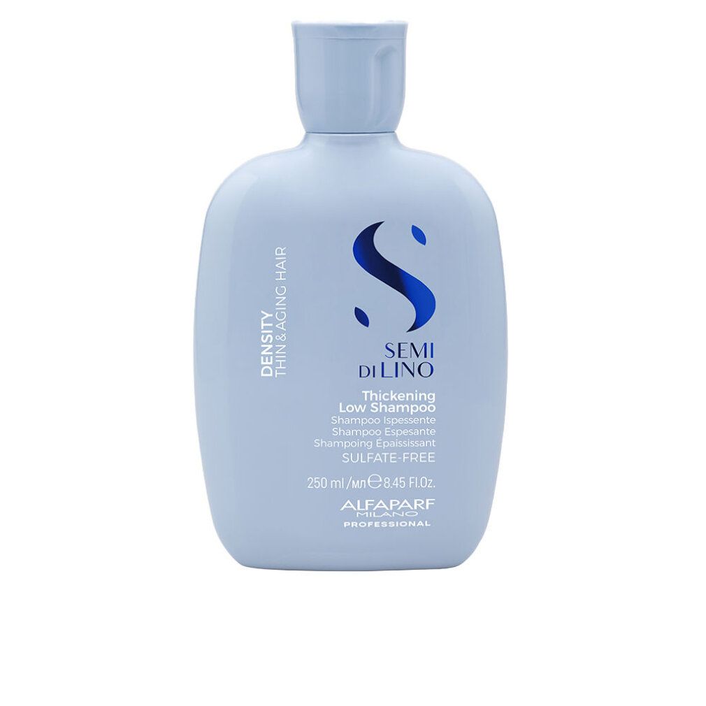 Hellblaues Shampoo von Alfaparf Milano. Aufschrift: Semi di Lino, Thickening Low Shampoo, 250 ml, Sulfate Free.