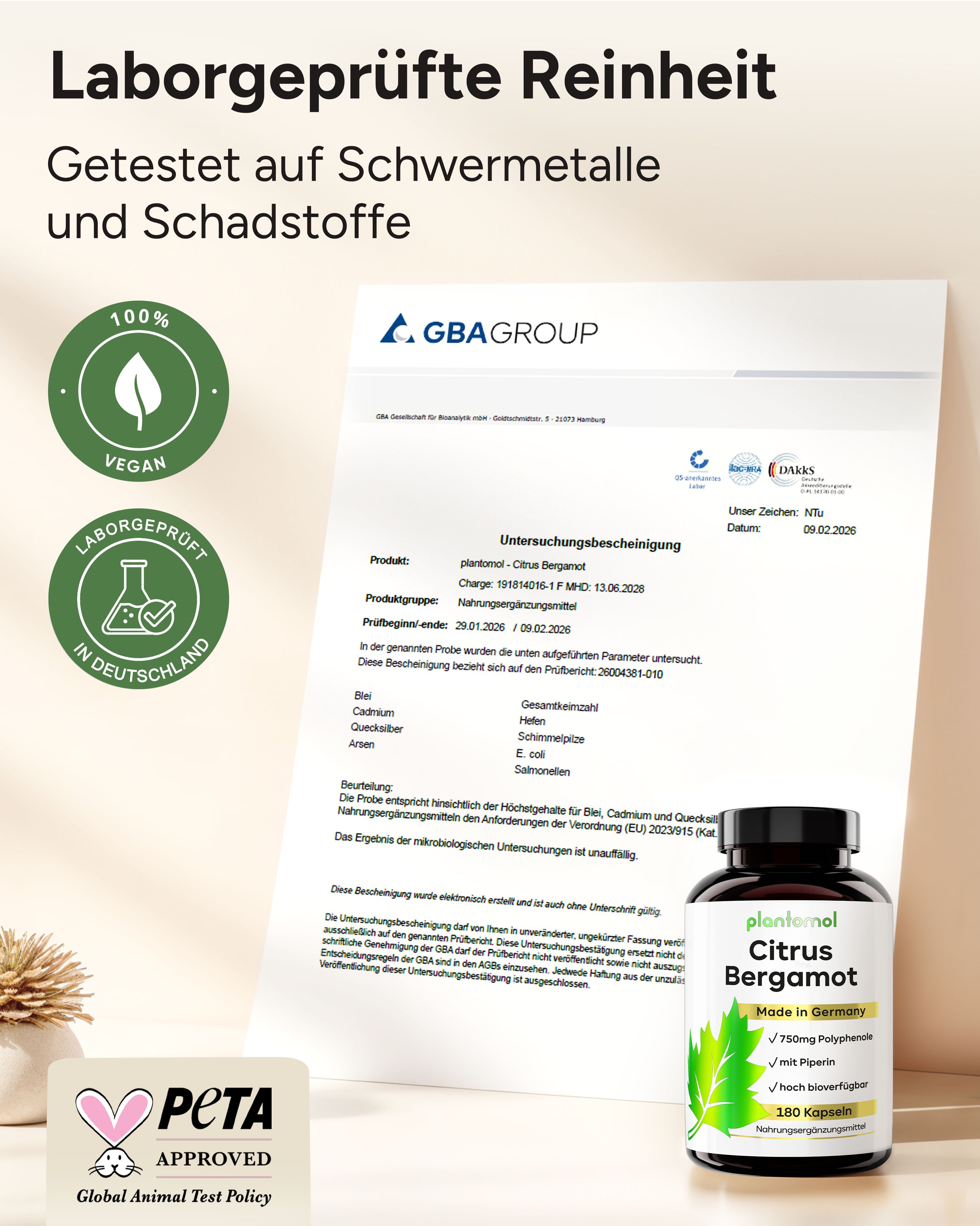 Zertifikate: 100% vegan, Laborgeprüft in Deutschland, PETA Approved. Flasche mit plantomol Citrus Bergamot und 180 Kapseln.