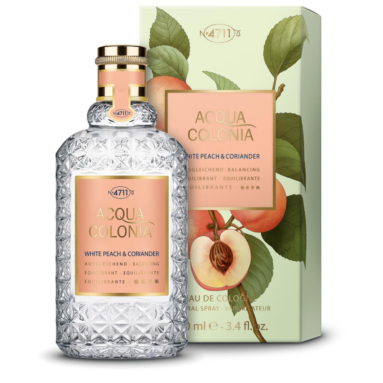 Glasflakon und Verpackung von Acqua Colonia White Peach & Coriander. Flakon mit goldfarbenem Verschluss, Verpackung mit Pfirsich-Illustration.