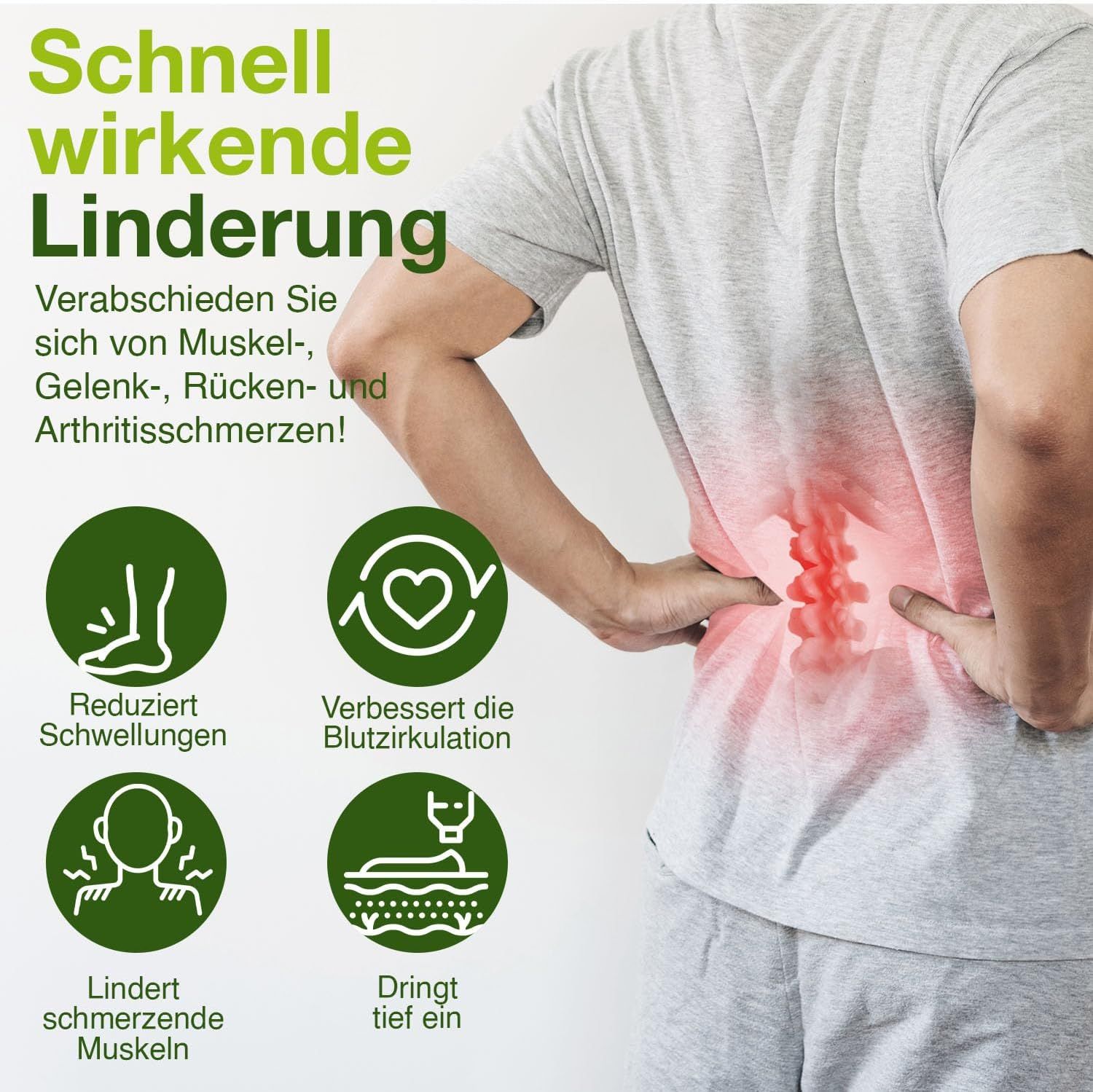 Mann mit Schmerzen im Rücken. Kreisförmige Symbole mit Texten: Reduziert Schwellungen, verbessert Blutzirkulation.