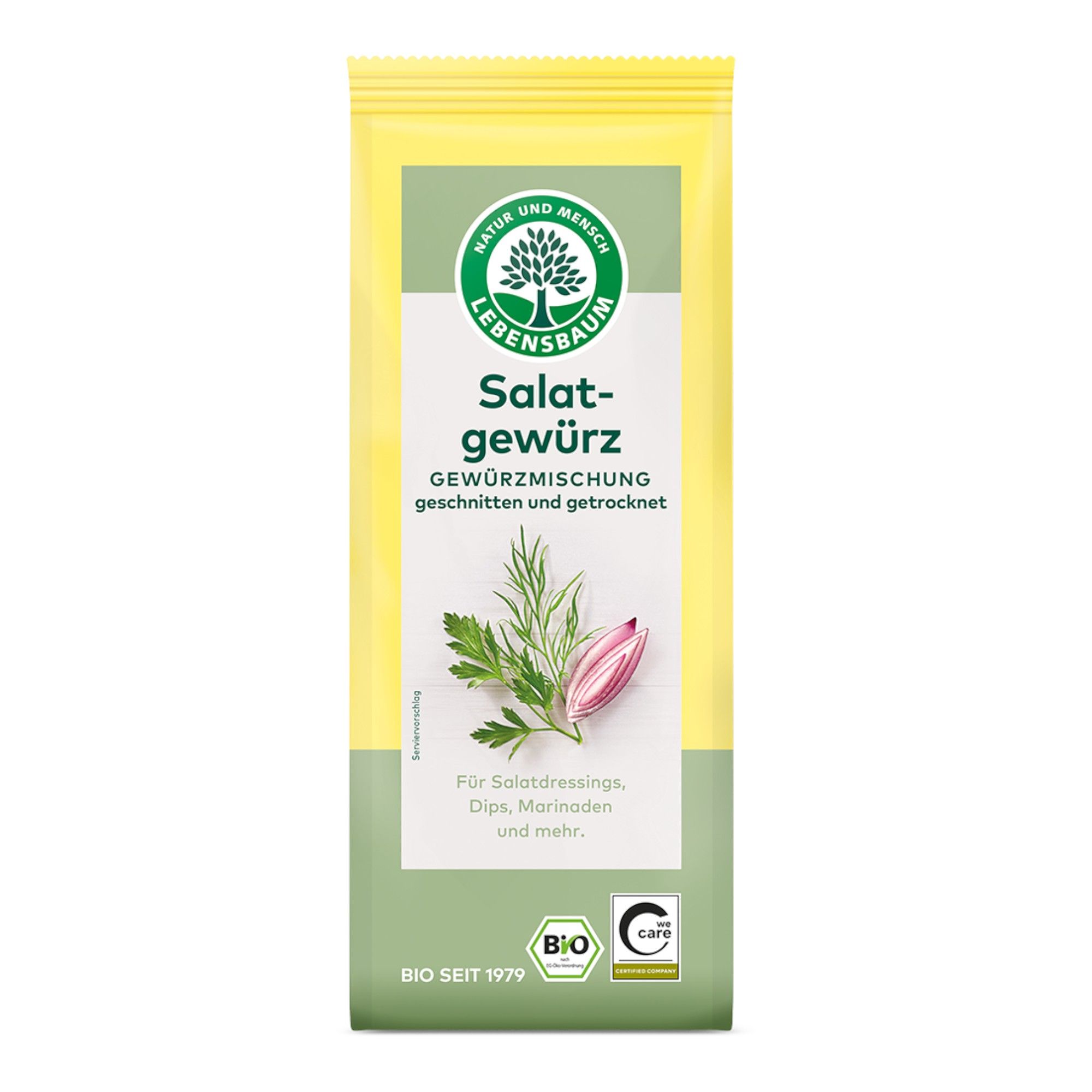 Bio Salat-Gewürz, Gewürzmischung geschnitten und getrocknet, mit Kräuterabbildung.
