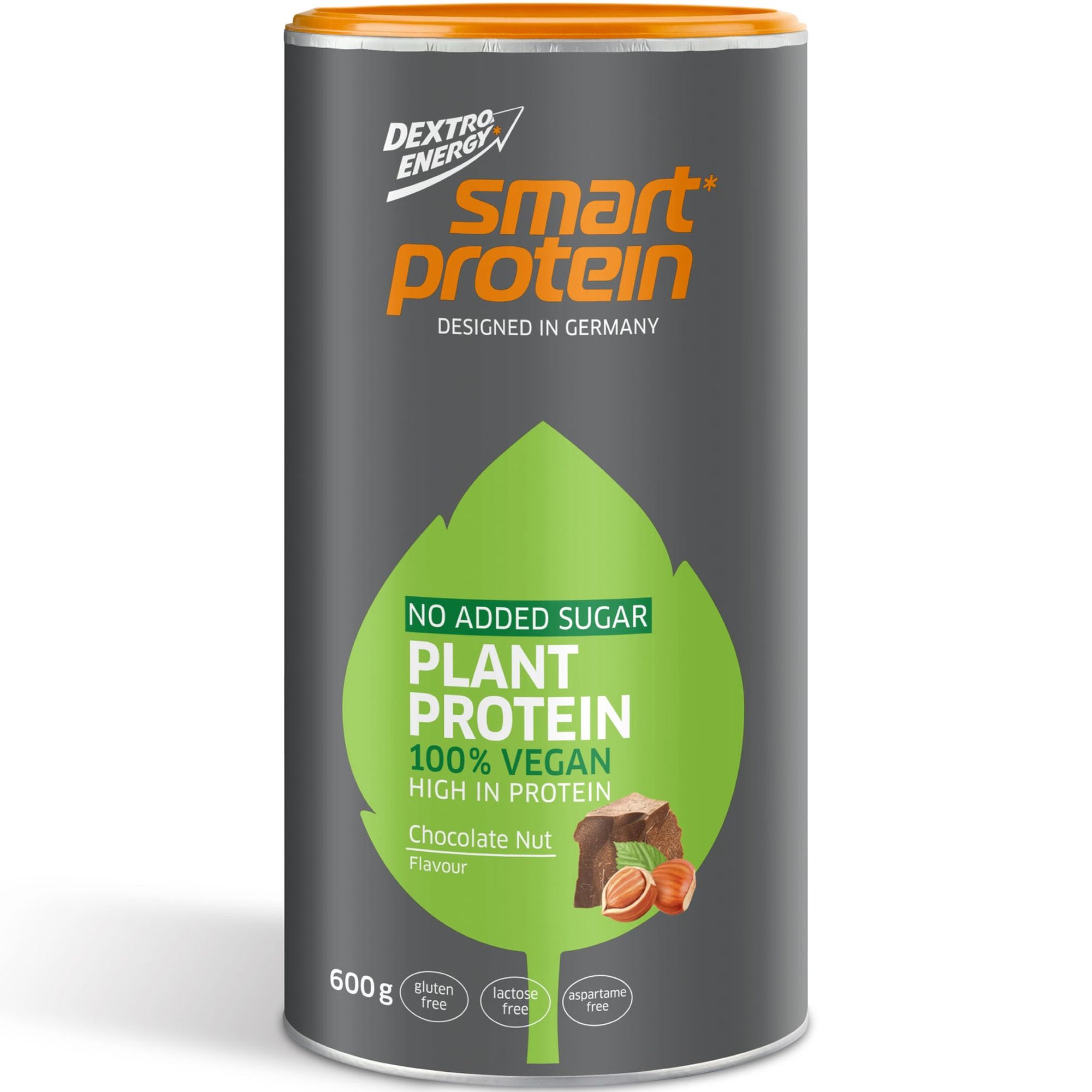 Zylinderdose mit Smart Protein. Aufschrift: Plant Protein, 100% Vegan, Chocolate Nut. 600g. Gluten-, Laktose- und Aspartamfrei.