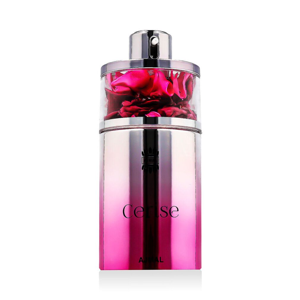 Parfümflakon mit silberner Kappe und rosa Farbverlauf. Der obere Teil enthält Blütenblätter. Aufschrift: Cerise, Ajmal.