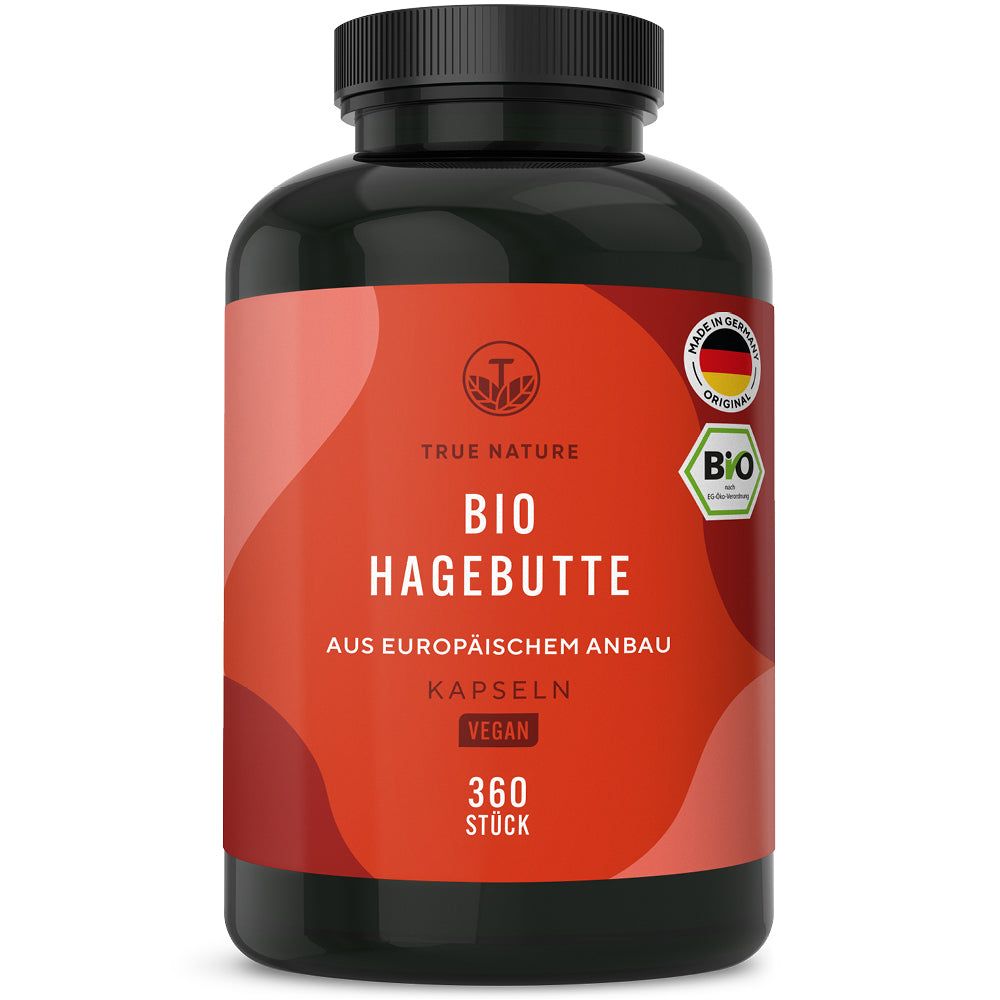 Dunkler Behälter mit orangefarbenem Etikett, das 'TRUE NATURE BIO HAGEBUTTE' zeigt. Enthält 360 Kapseln.