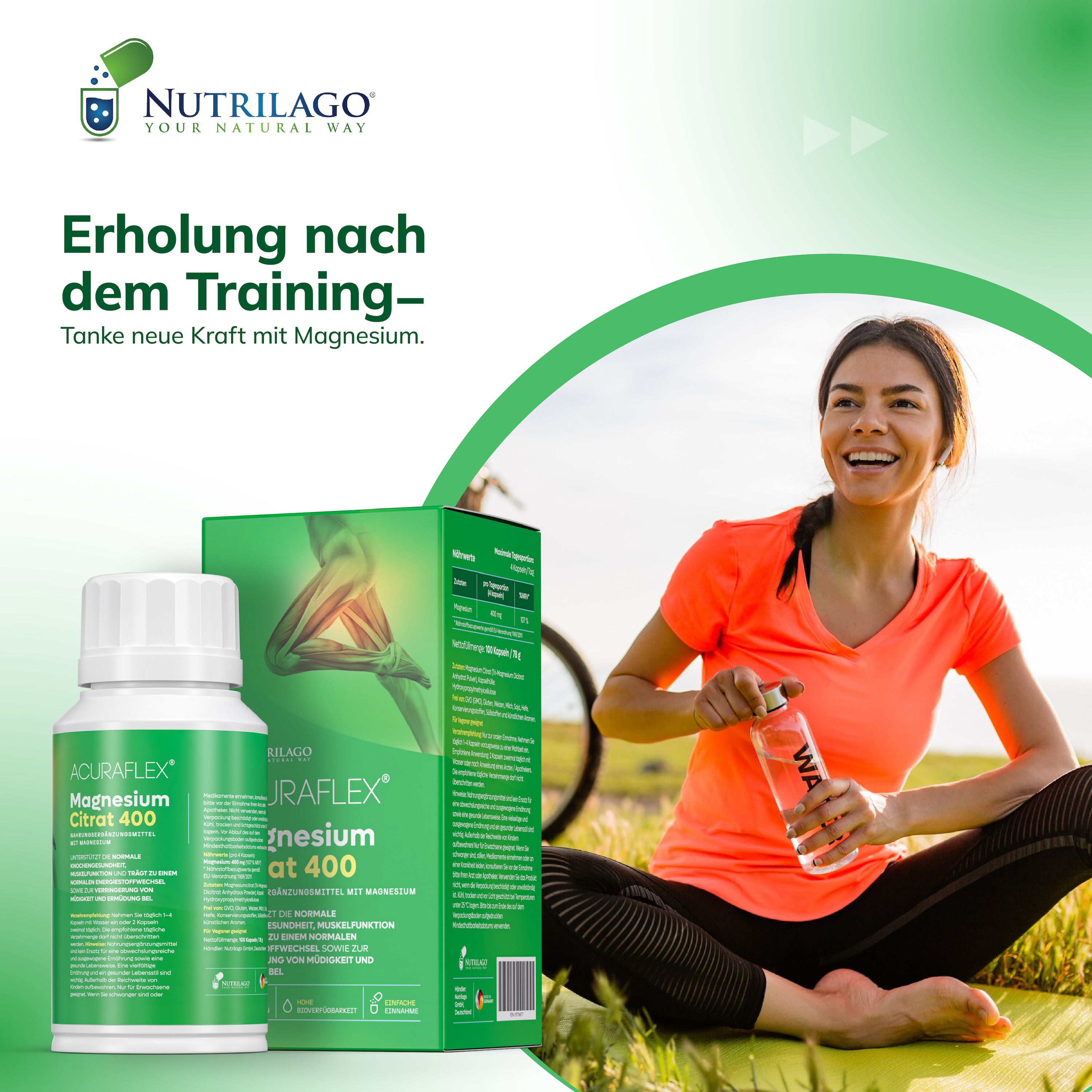 Frau sitzt im Freien, hält Wasserflasche. Neben ihr: ACURAFLEX Magnesium Citrat 400 in Flasche und Schachtel. Text: Erholung nach dem Training.