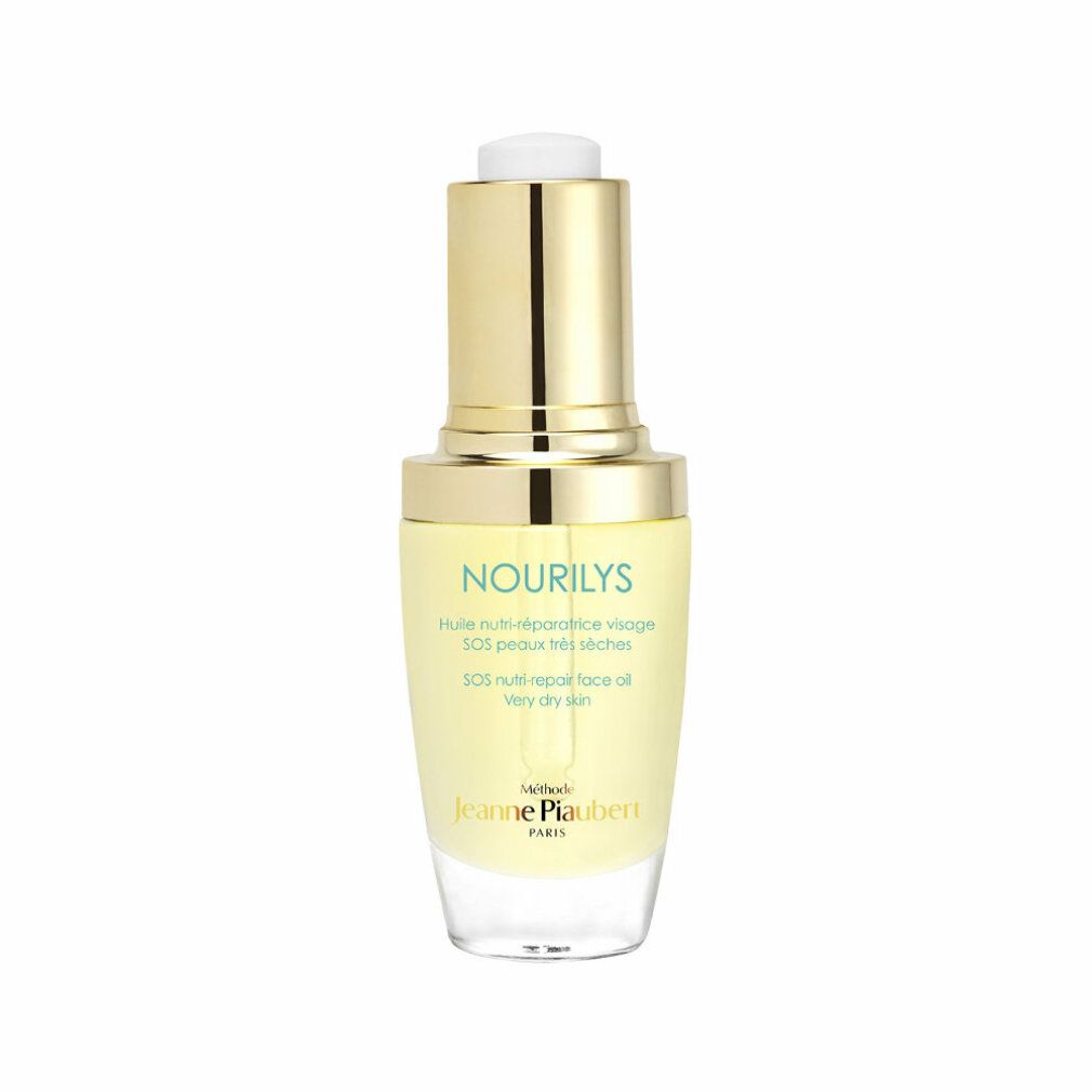 Gesichtsölflasche mit goldener Kappe und weißem Tropfer. Aufschrift: NOURILYS, SOS nutri-repair face oil.
