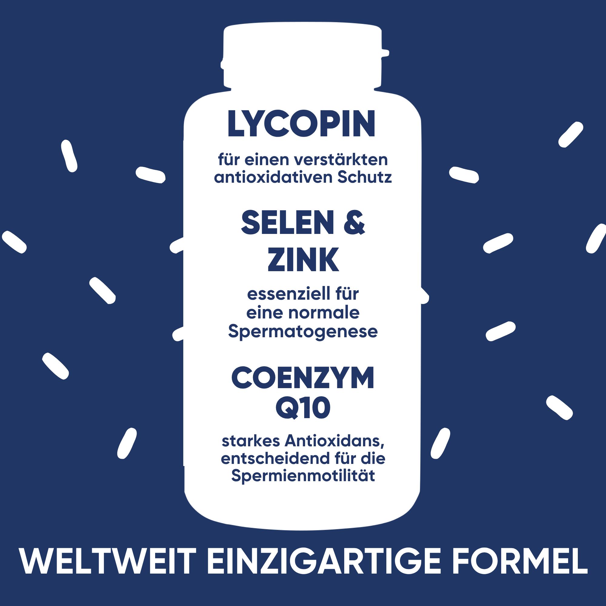Flasche mit Kapseln, hervorgehoben Lycopin, Selen & Zink, Coenzym Q10. "Weltweit einzigartige Formel".