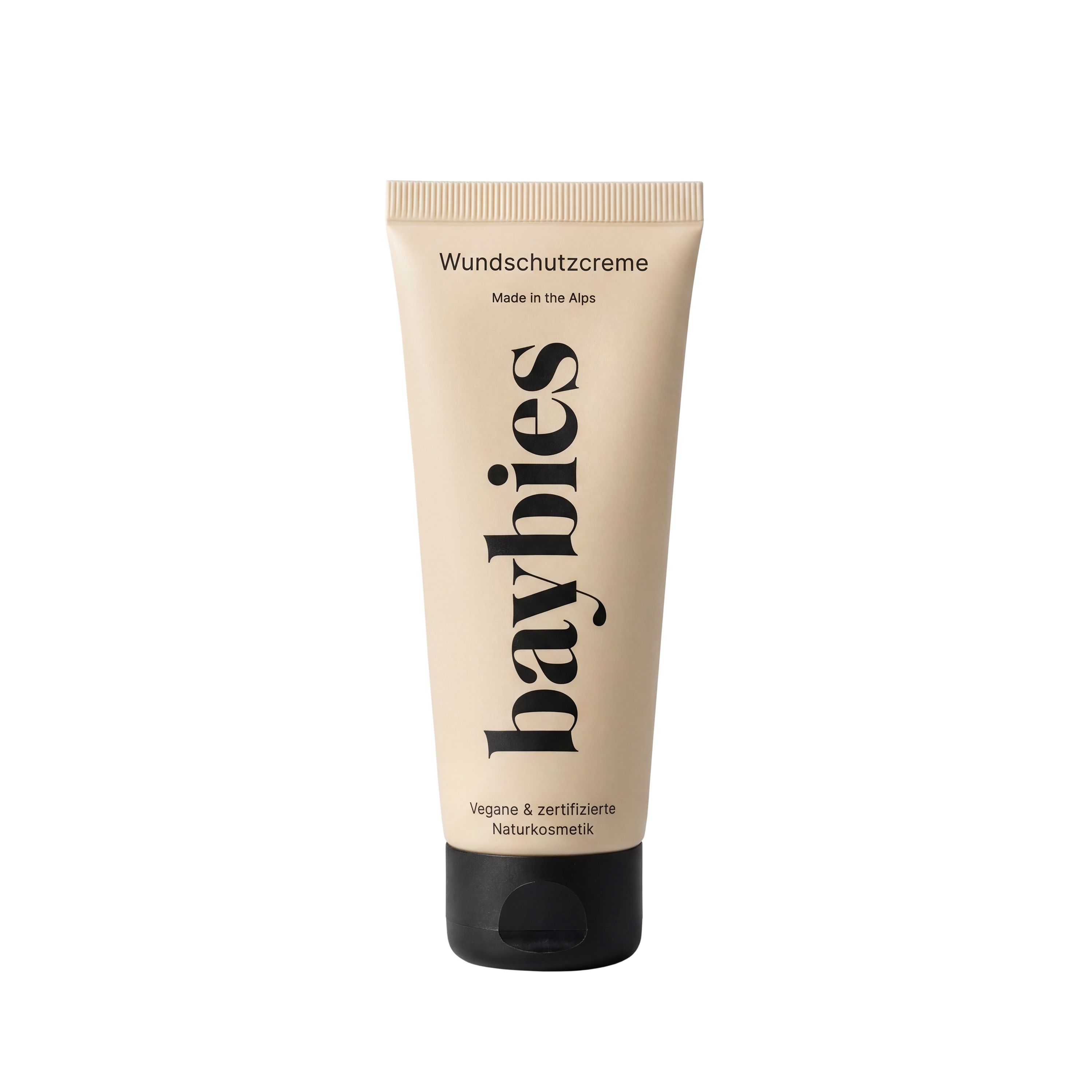 Beige Tube mit schwarzem Deckel, beschriftet mit "baybies Wundschutzcreme".