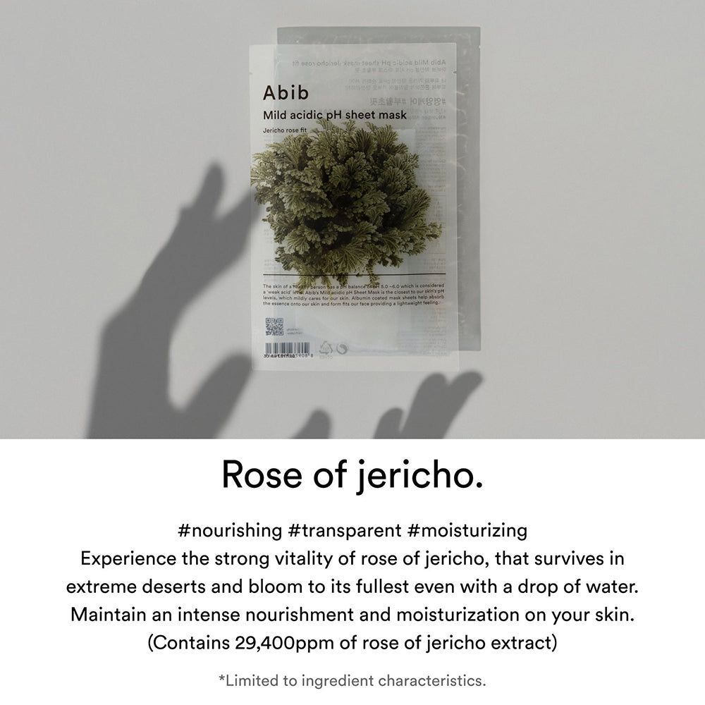 Abib Mild Saure pH-Tuchmaske Jericho Rose Fit, sachet mit Pflanze, Schattenwurf.