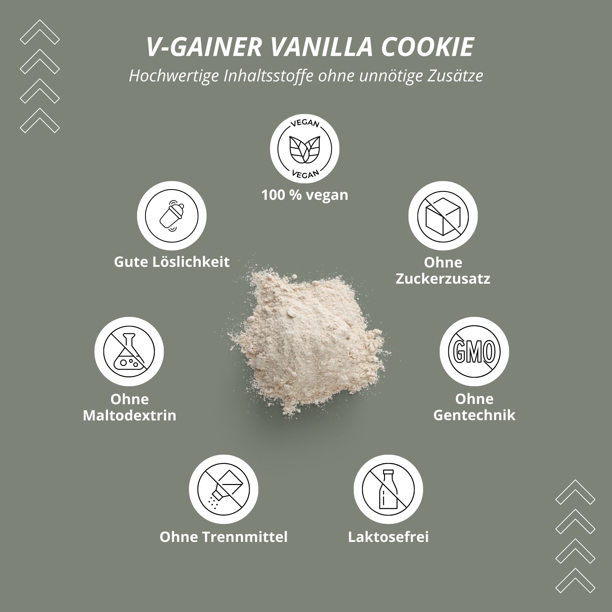 Kreisförmige Icons auf grauem Hintergrund. Text: "V-GAINER VANILLA COOKIE". 100% vegan, ohne Zuckerzusatz, ohne Gentechnik, etc.