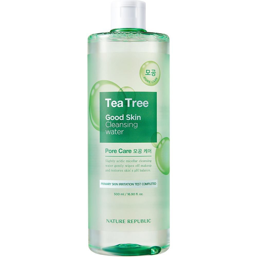 Klare Flasche mit grünem Etikett. Text: Tea Tree Good Skin Cleansing Water. Marke: NATURE REPUBLIC. Grüner Deckel.