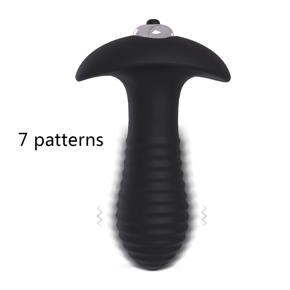 Schwarzer Analvibrator mit geriffelter Oberfläche. Text: 7 Muster. Wellenlinien.