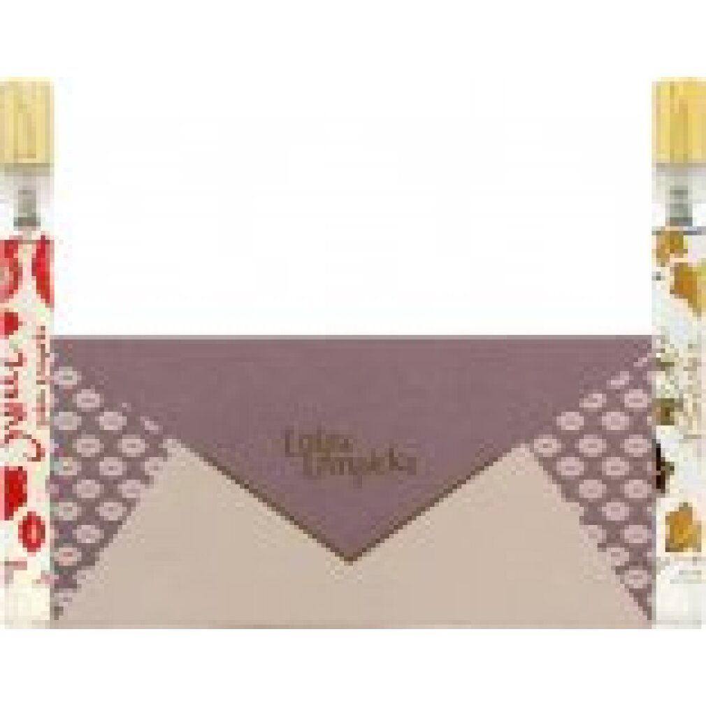 Geschenkset mit zwei Parfümflakons und einer lilafarbenen Hülle mit Lippenmuster. Goldfarbener Schriftzug: Lolita Lempicka.