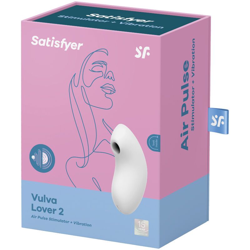 Rosa Verpackung mit Produkt. Aufschrift: Satisfyer, Vulva Lover 2. Produkt: Weißes, ovales Gerät mit Loch.