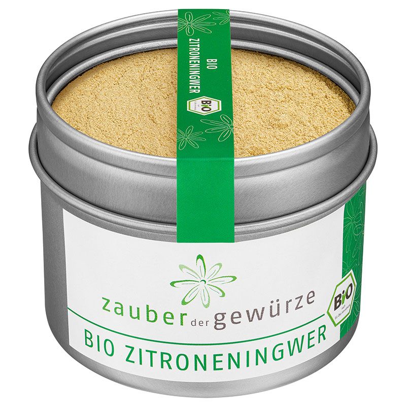 Runde Dose mit gelbem Inhalt. Aufschrift: Zauber der Gewürze Bio Zitroneningwer. Grün-weißes Etikett mit Bio-Siegel.