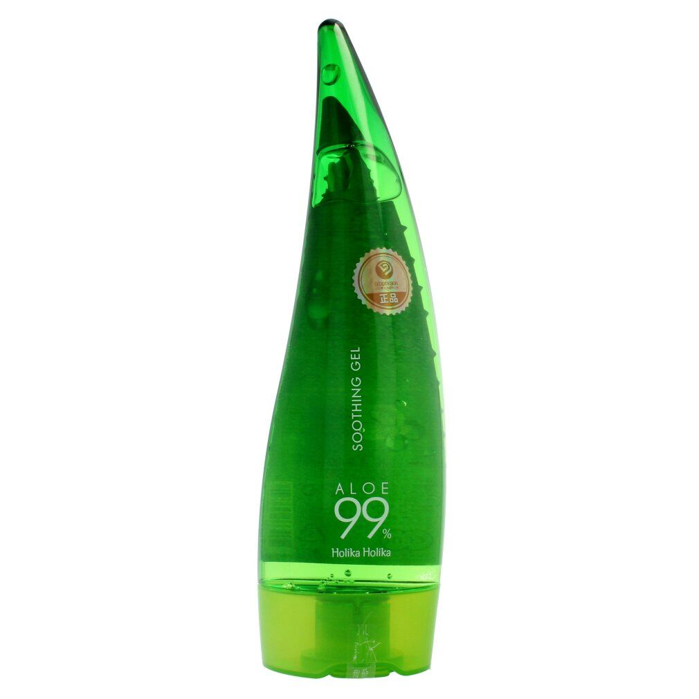 Grüne Flasche mit Aloe 99% beruhigendem Gel von Holika Holika.