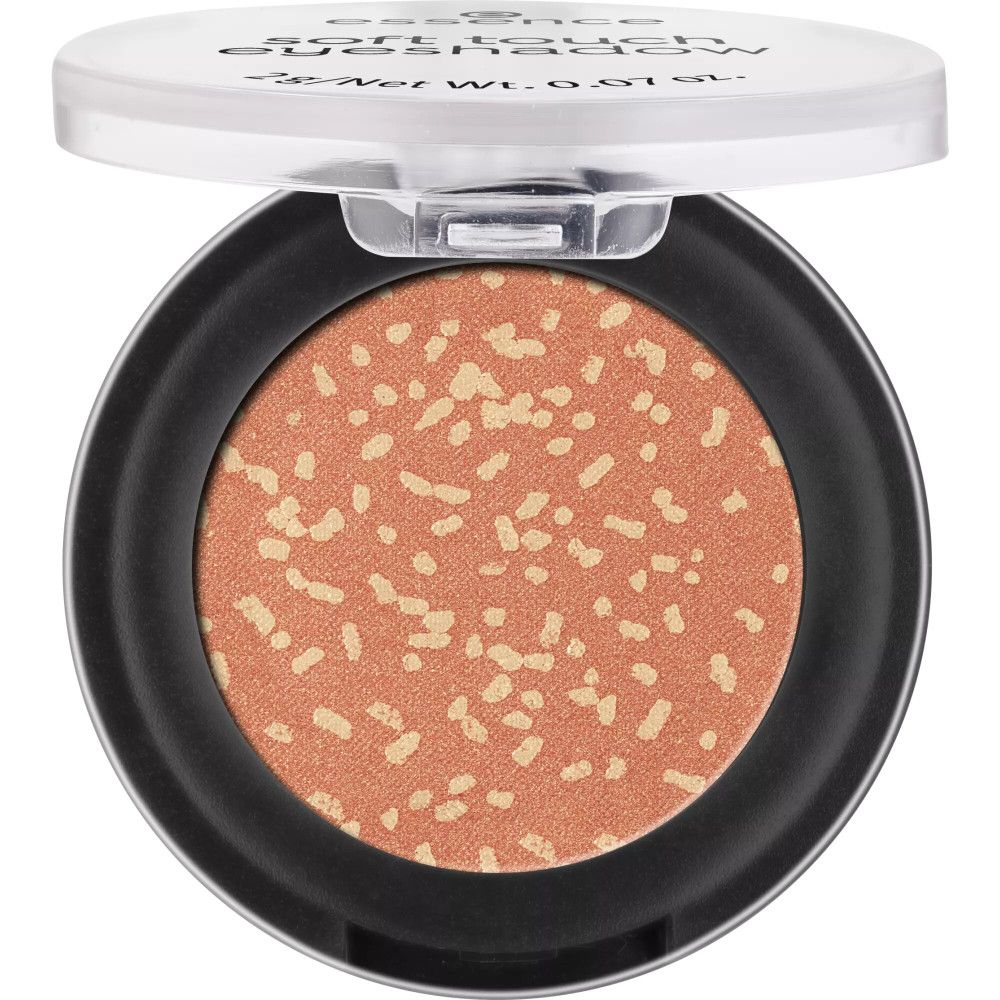 Essence Soft Touch Lidschatten, orangefarben mit hellen Punkten, in schwarzem Behälter mit transparentem Deckel.