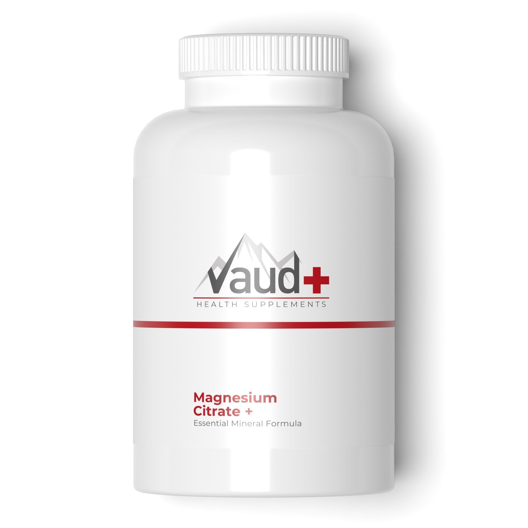 Weiße Dose mit Vaud+ Logo und "Magnesium Citrate + Essential Mineral Formula" Aufschrift.