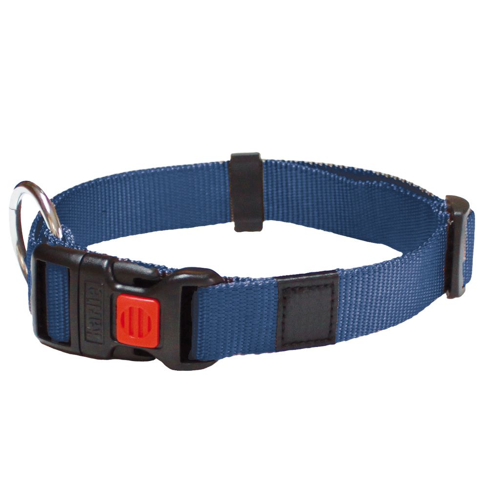Hundehalsband Nylon, dunkelblau. Schwarzer Klickverschluss mit rotem Knopf. Metallring. Schwarzes Label.