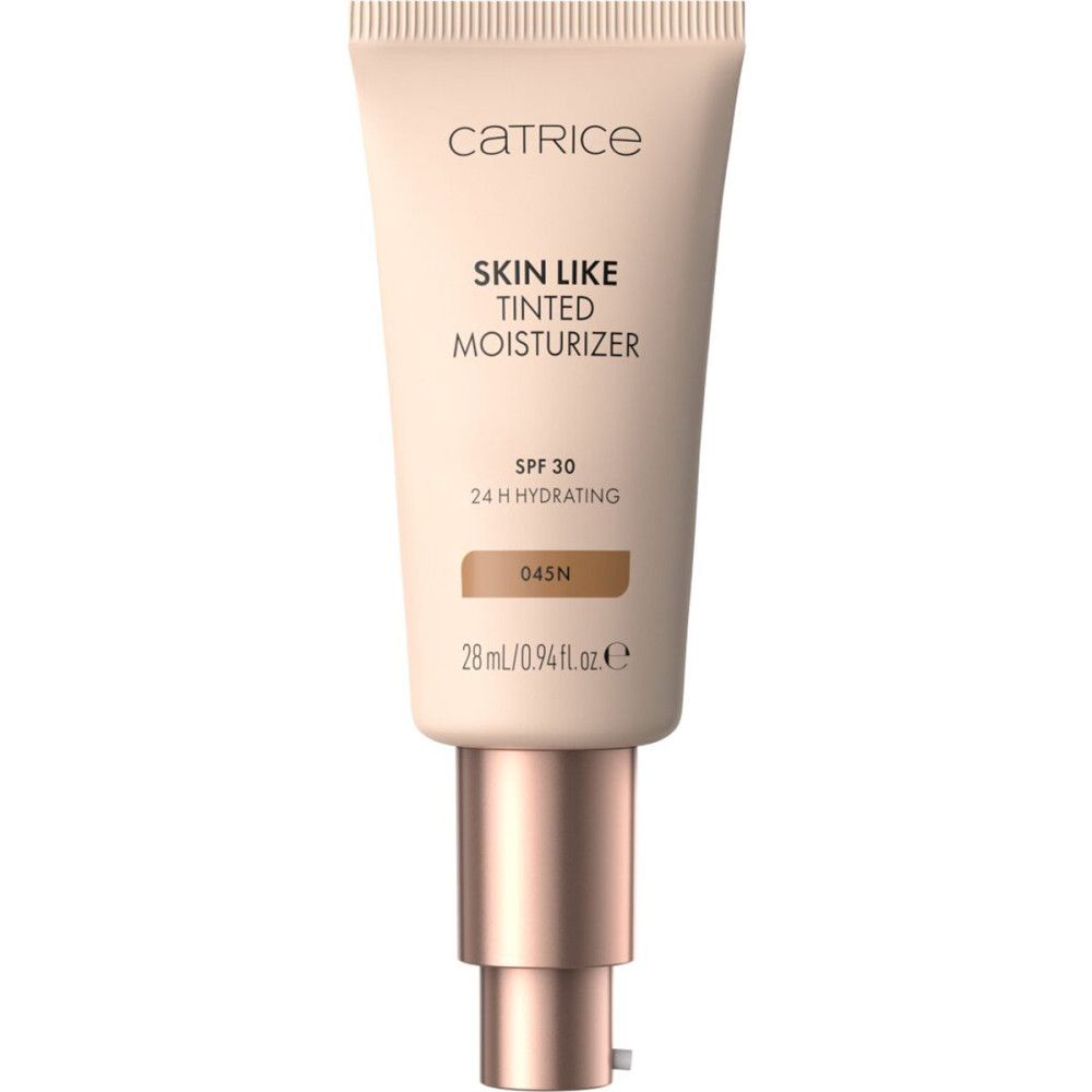 Catrice Skin Like getönte Feuchtigkeitscreme. Beige Tube mit Dosierpumpe. Aufschrift: SPF 30, 24 H Hydrating, 045N, 28 ml.