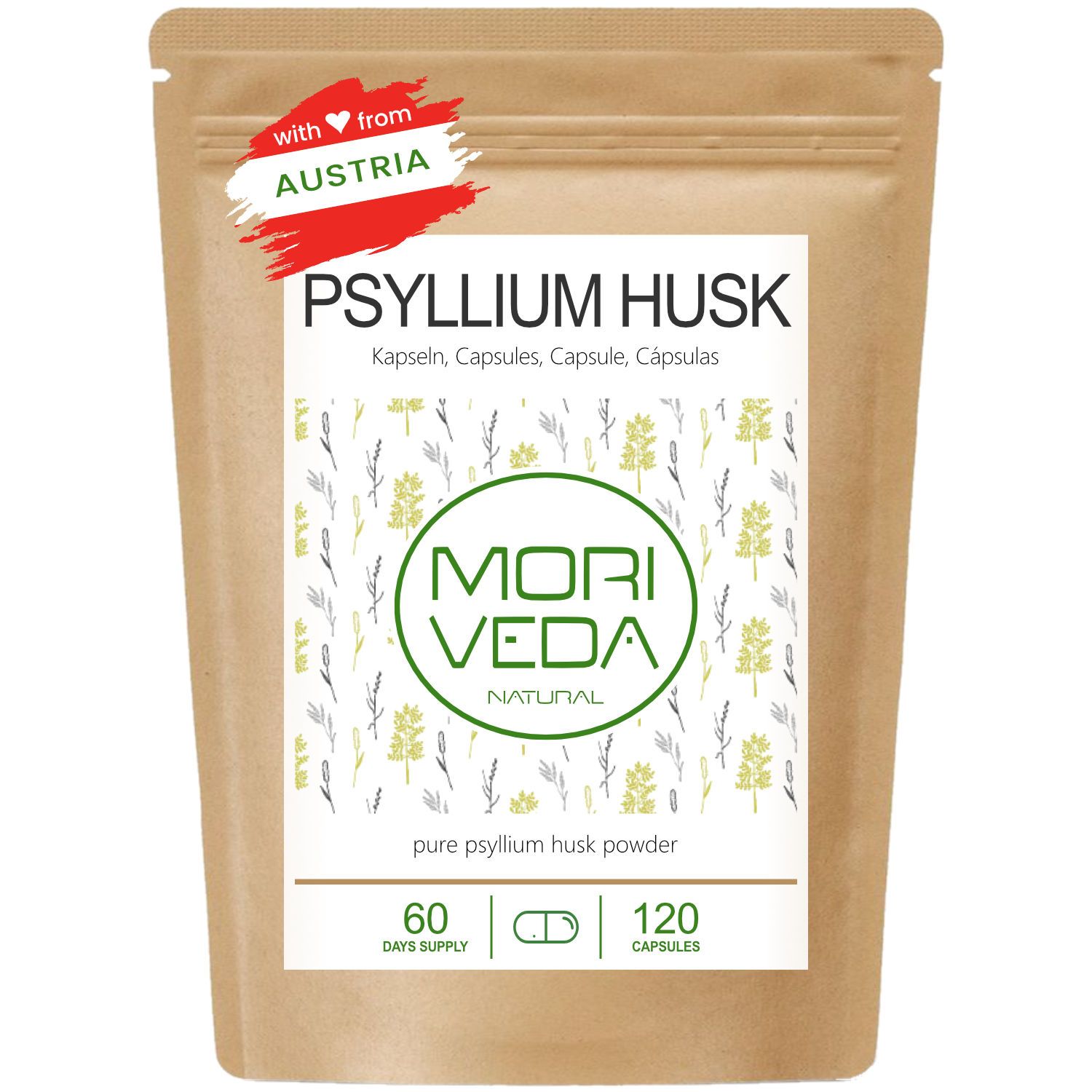 Beutel mit Psyllium Husk Kapseln. Aufschrift: Psyllium Husk, Mori Veda Natural. 60 Tagesdosen, 120 Kapseln. Mit österreichischem Siegel.