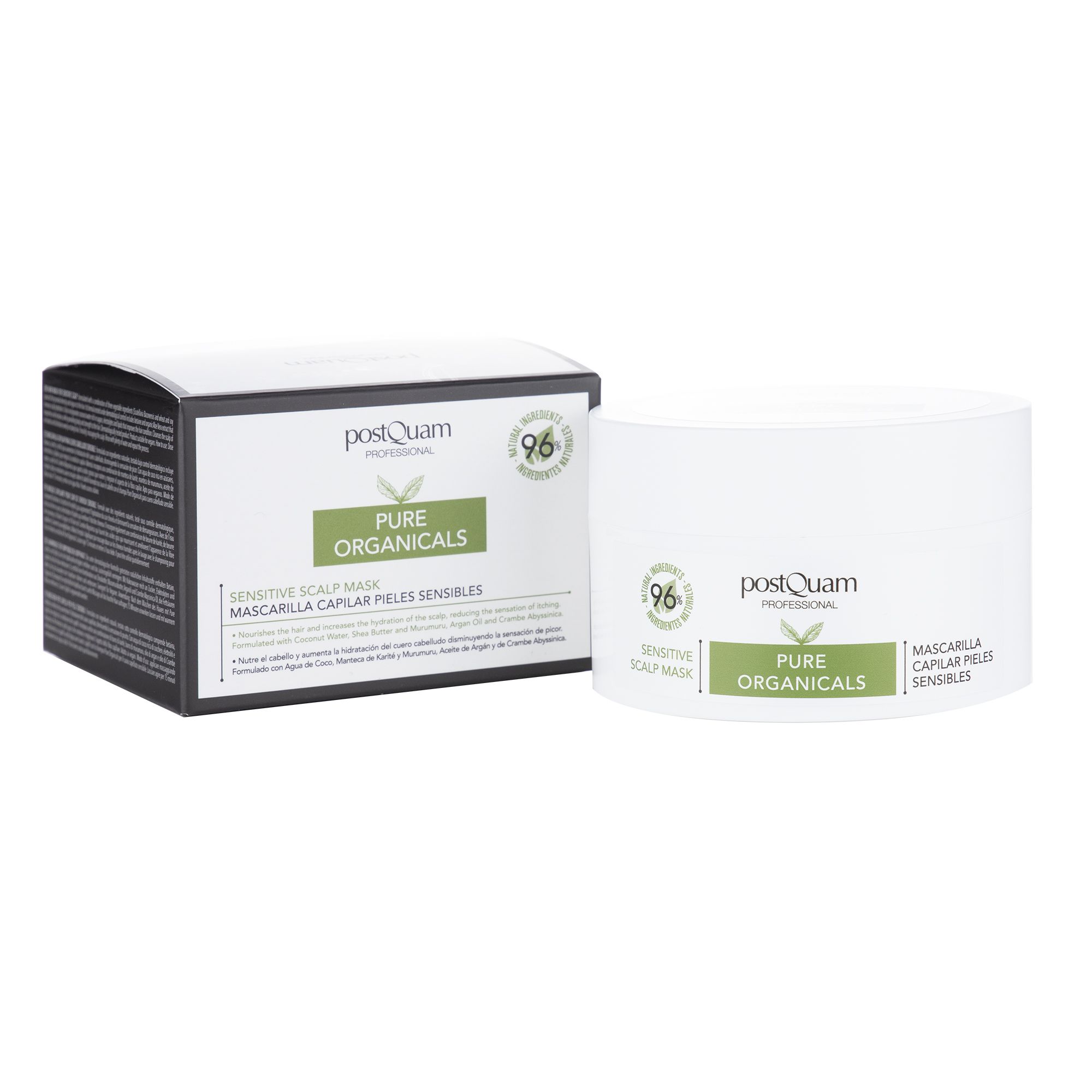 Weiße Dose und Schachtel mit grünem Etikett. Aufschrift: Postquam, Pure Organics, Sensitive Scalp Mask. 96% natürliche Inhaltsstoffe.