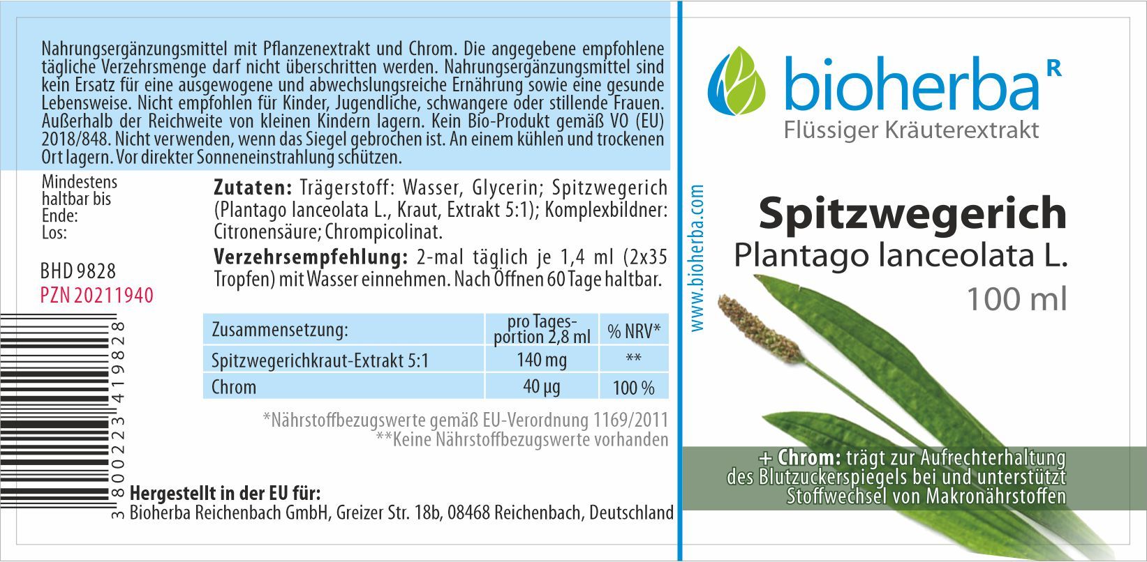 Bioherba Spitzwegerich Plantago lanceolata L. Tropfen Tinktur