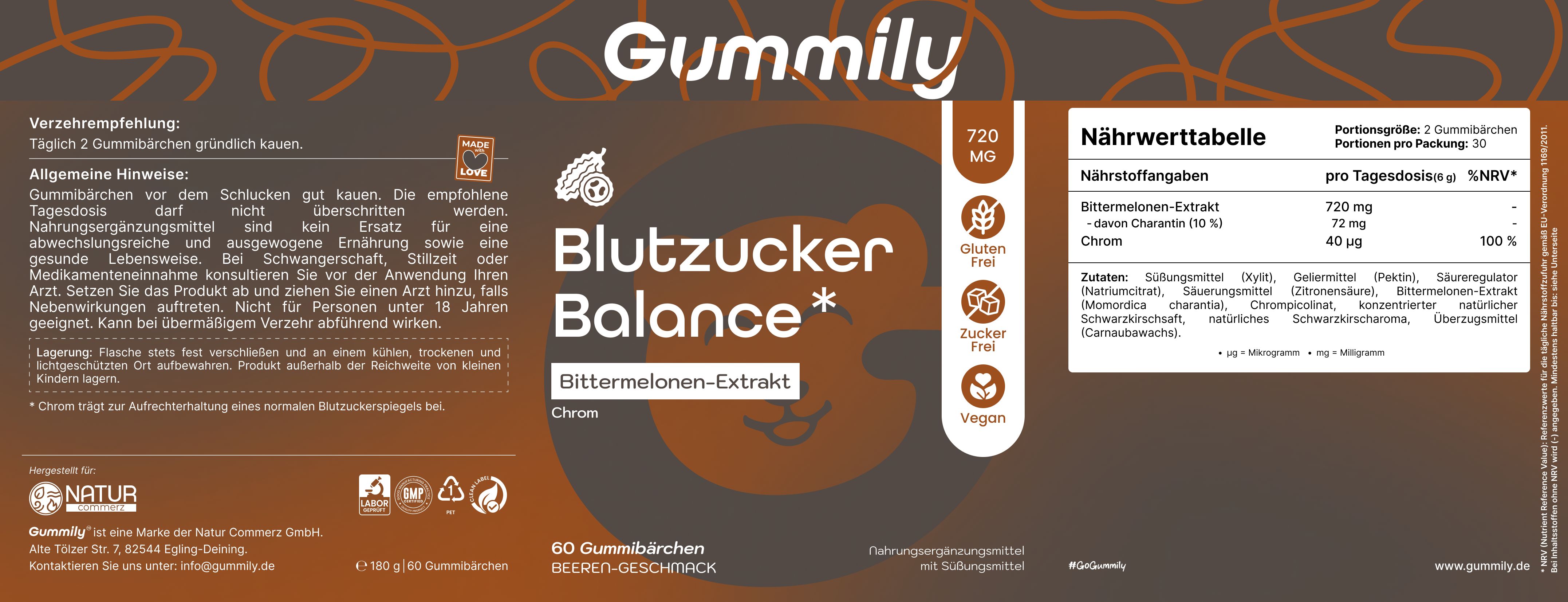 Gummily Blutzucker Balance Etikett mit Nährwerttabelle und Inhaltsstoffen.