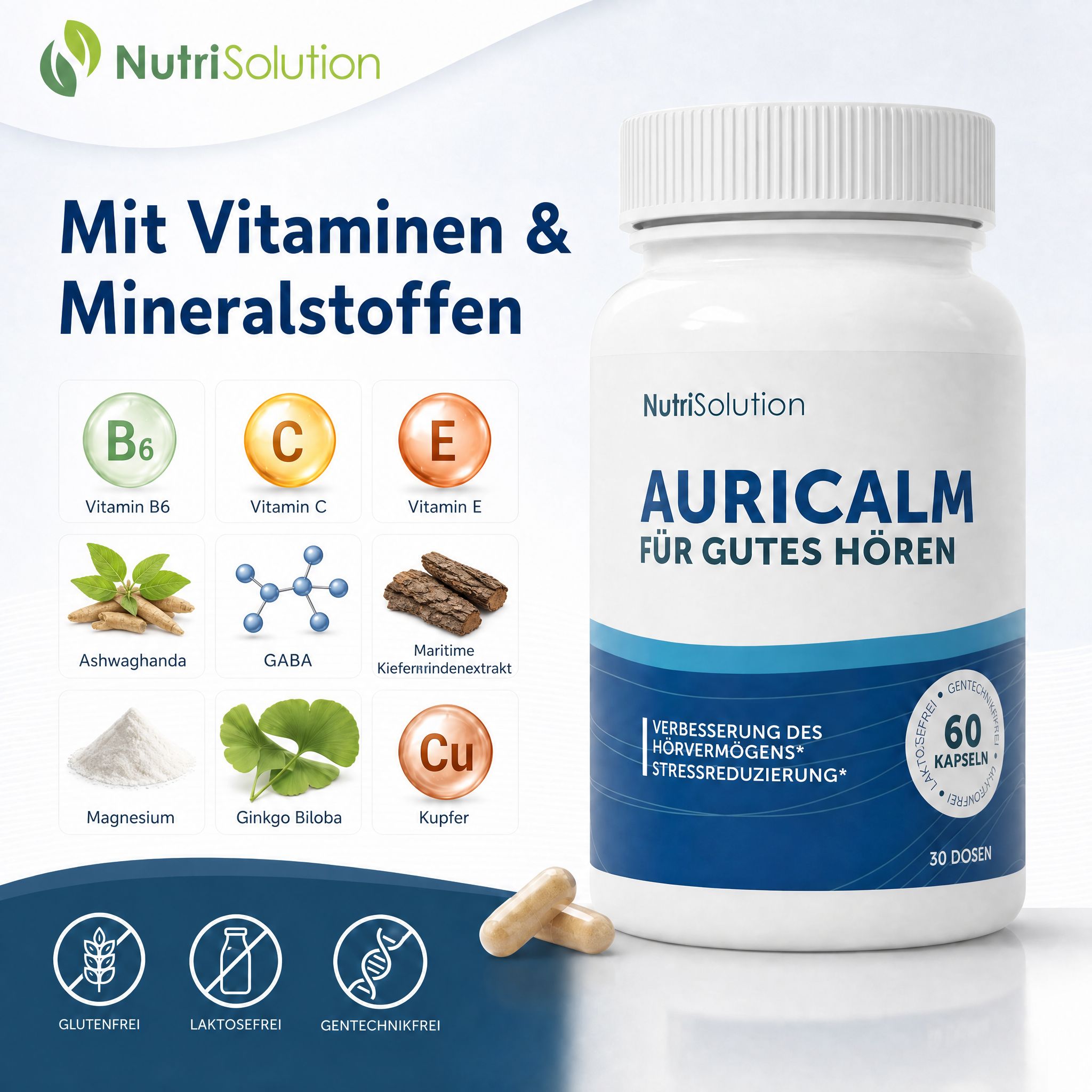NutriSolution AuriCalm Flasche mit Vitaminen und Mineralstoffen.