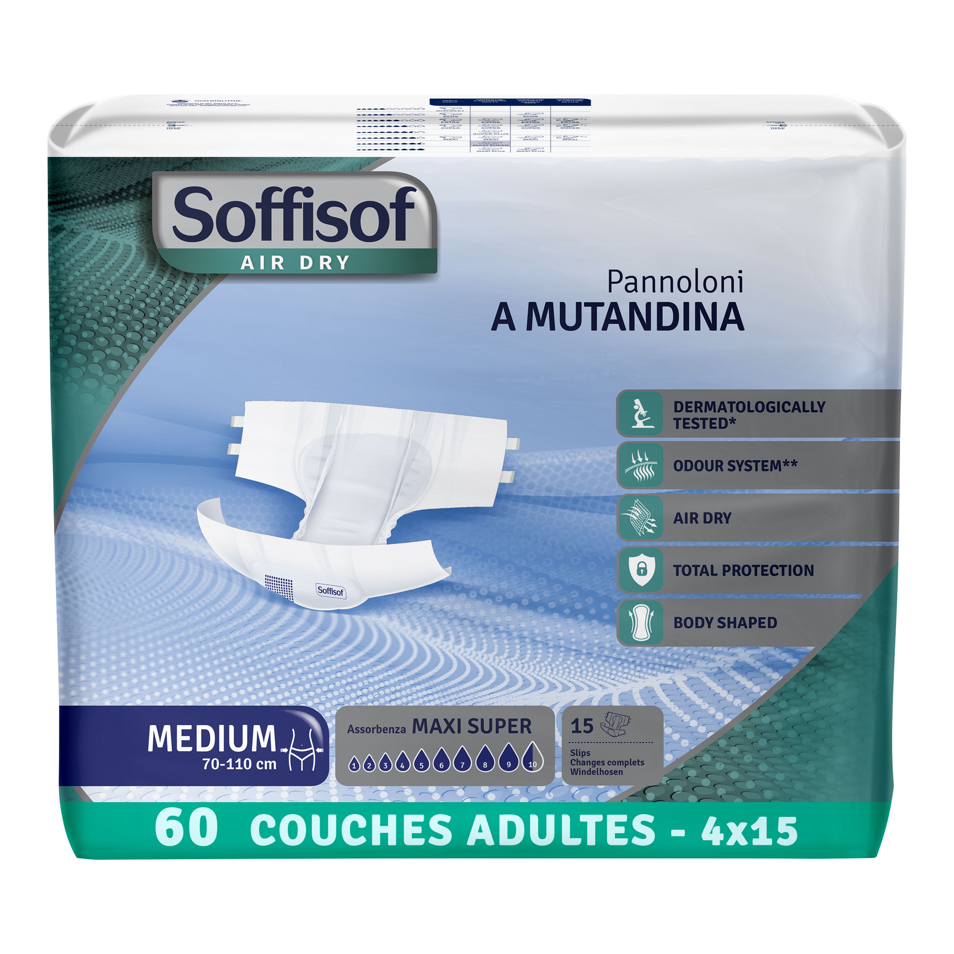 Couche Soffisof Air Dry. Caractéristiques : anti-odeurs, cœur super absorbant, tissu doux et respirant, indicateur.