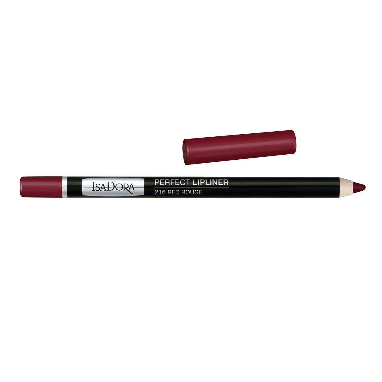 IsaDora Perfect Lipliner, rot. Schwarzer Stift, Kappe daneben. Aufschrift: Perfect Lipliner 216 Red Rouge.