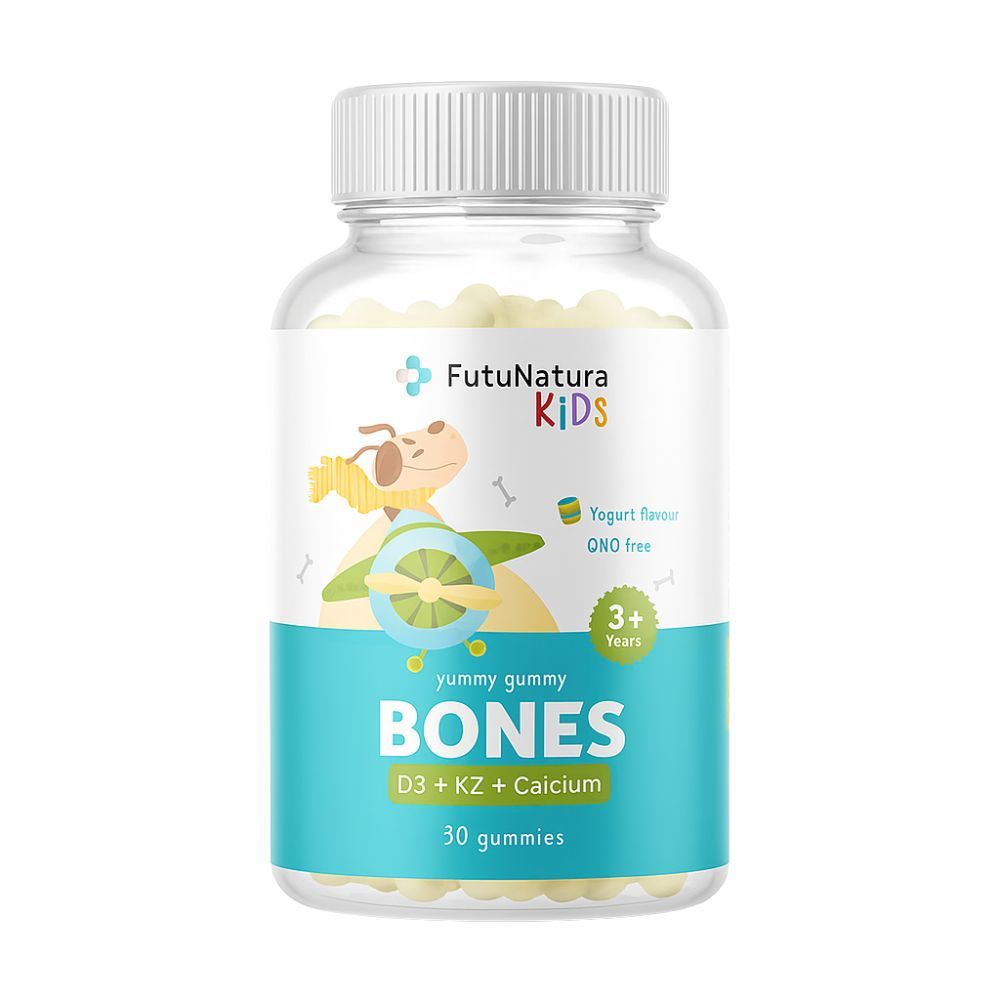Flasche FutuNatura Kids Bones Gummies. Etikett mit Produktinformationen und Illustration. Deckel weiß, Flasche transparent.