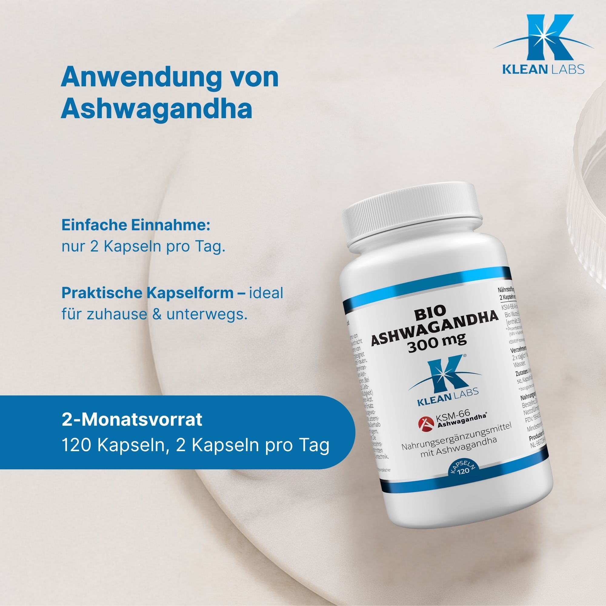 Flasche mit Kapseln neben Infografik. Text: BIO Ashwagandha 300 mg, Klean Labs. Einnahme: 2 Kapseln pro Tag.