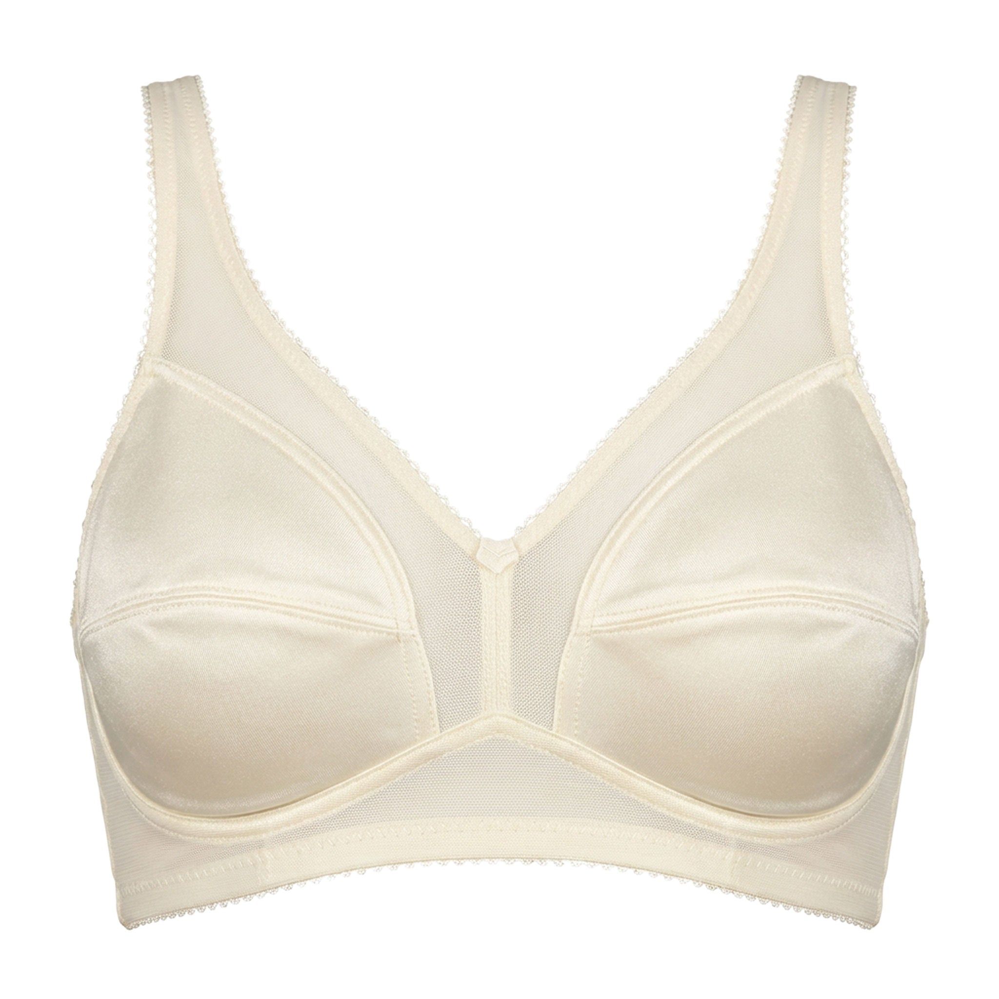 Beige BH mit hoher Unterstützung, Cup C. Satin-Optik, breite Träger, Spitzenbesatz. Frontansicht.