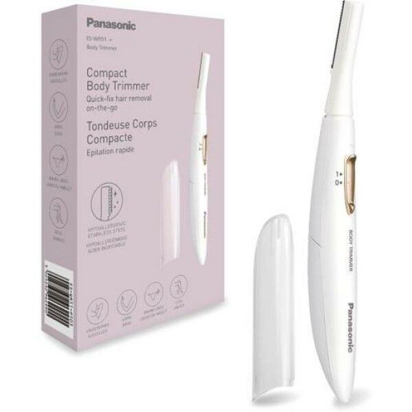 Weißer Body Trimmer mit Verpackung. Auf der Verpackung steht "Compact Body Trimmer". Das Gerät hat eine Schutzkappe.