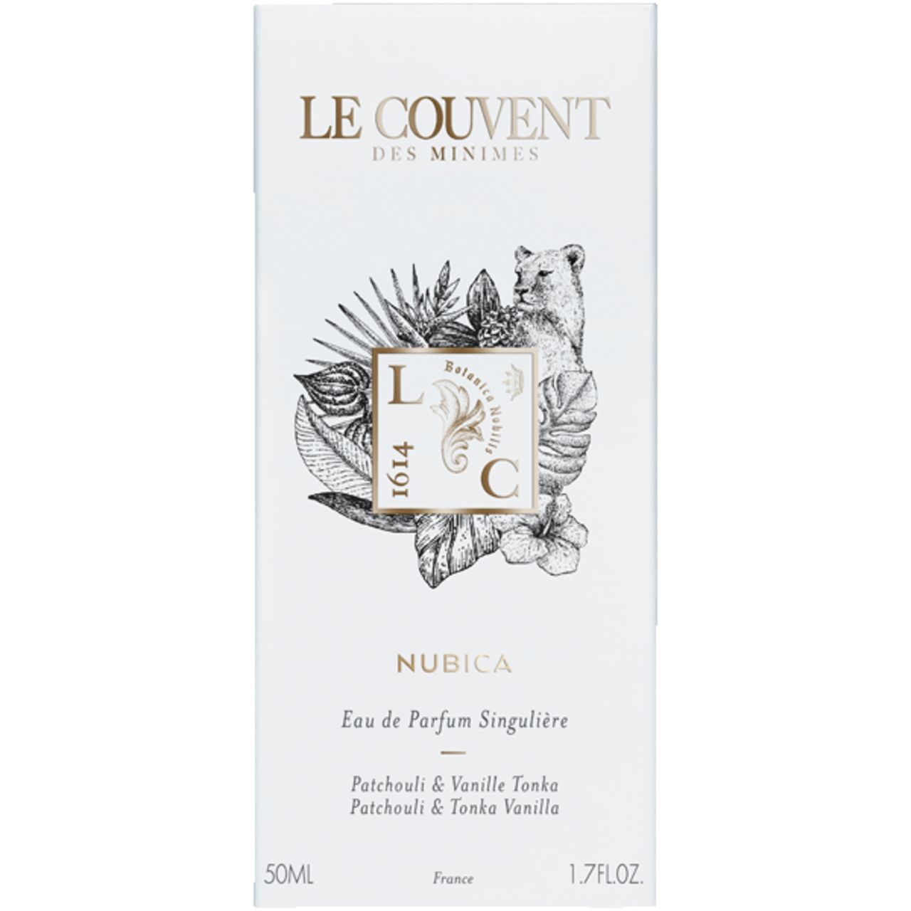 Weiße Verpackung mit Aufschrift: Le Couvent des Minimes, Nubica, Eau de Parfum Singulière. 50 ml, 1.7 FL.OZ. Illustration.