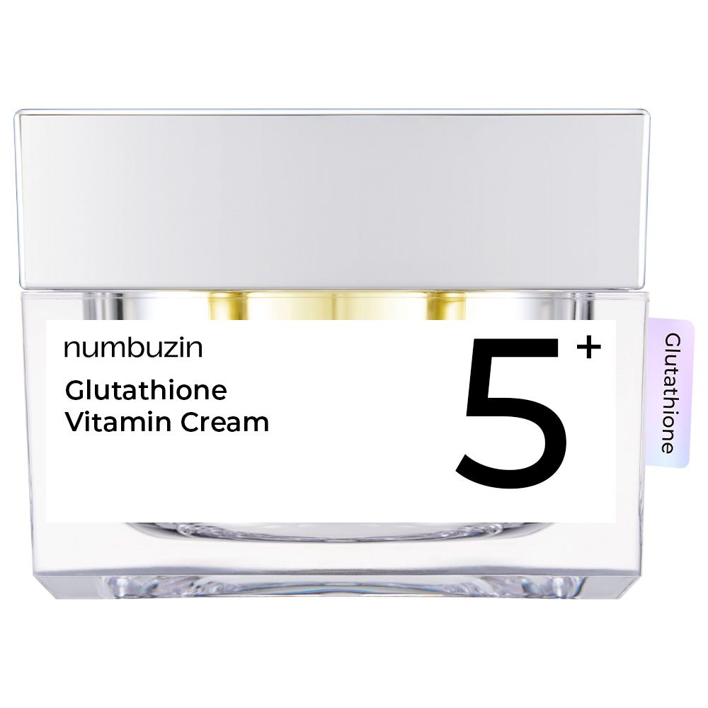 NUMBUZIN Nr.5 Vitamin Glutathione Dark Spot Laser Creme in einem transparenten Tiegel mit silbernem Deckel.