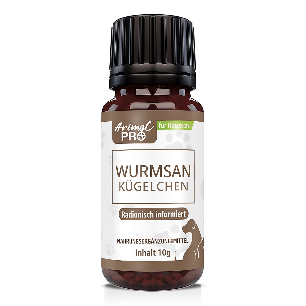 Braune Glasflasche mit schwarzem Deckel. Etikett mit "Animal Pro", "Wurmsan Kügelchen", "Nahrungsergänzungsmittel" und einem Hund.