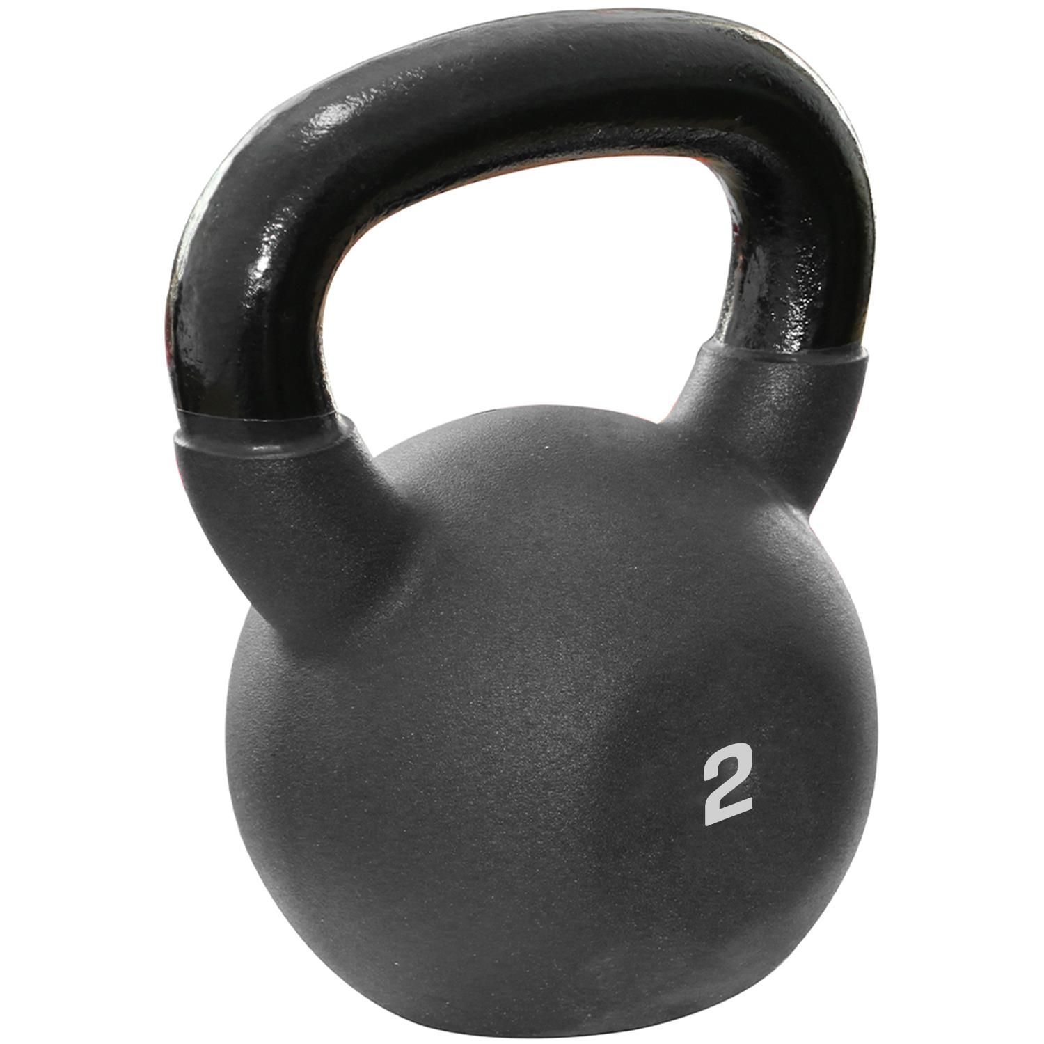 Schwarze Kettlebell mit schwarzem Griff. Auf der Kugel ist die Zahl 2 in Weiß abgebildet.