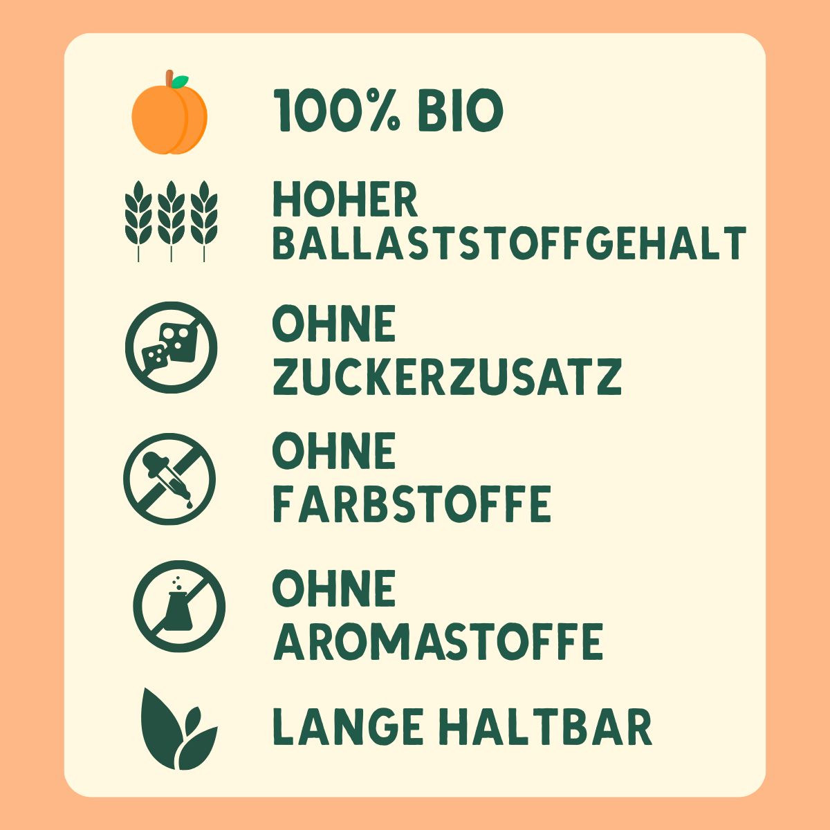 Infografik mit Text: 100% Bio, hoher Ballaststoffgehalt, ohne Zuckerzusatz, ohne Farbstoffe, ohne Aromastoffe, lange haltbar.