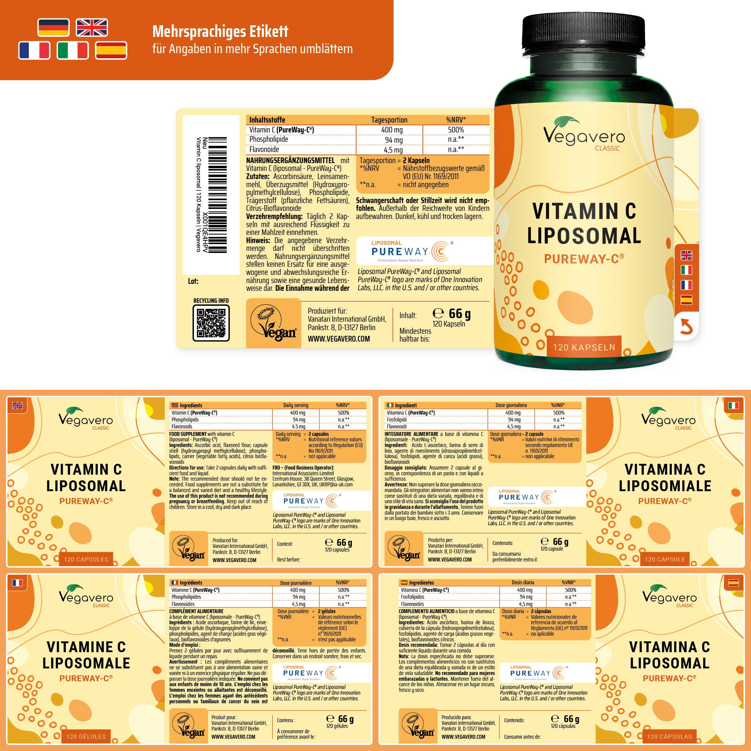 Mehrsprachiges Etikett mit Informationen in verschiedenen Sprachen. Flasche mit Vitamin C Liposomal. Vegan-Logo.