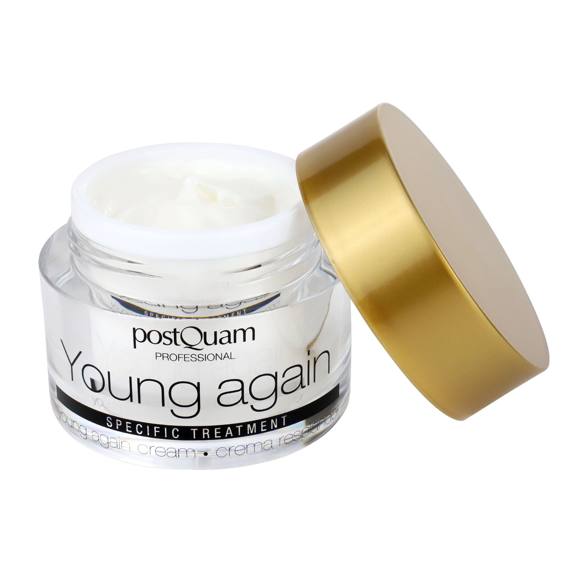 Offenes Creme-Glas mit goldfarbenem Deckel. Aufschrift: Young again, Specific Treatment. Marke: Postquam. Creme sichtbar.