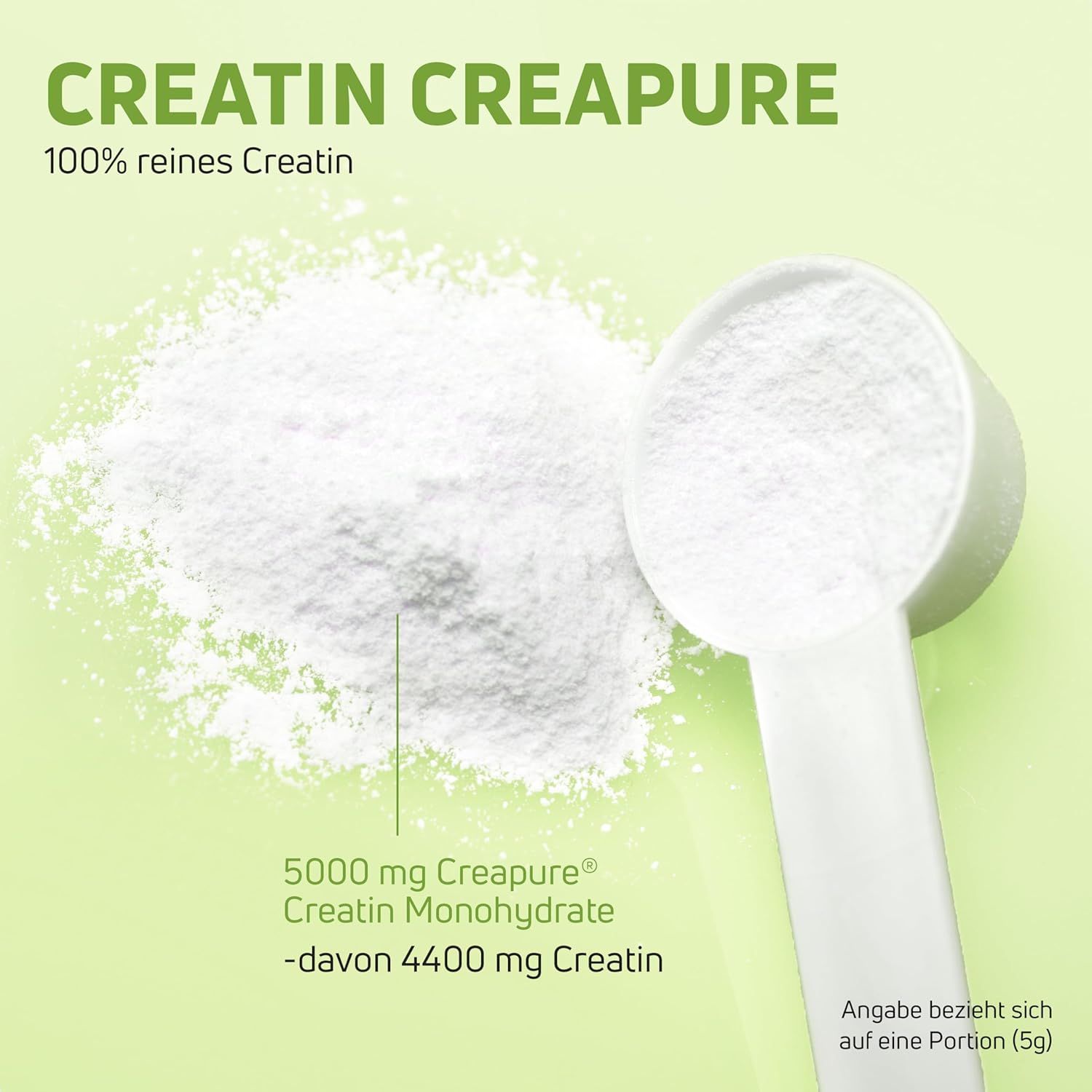 Weißes Pulver auf grünem Grund. Aufschrift: 5000 mg Creapure Creatin Monohydrat. Daneben: Messlöffel.
