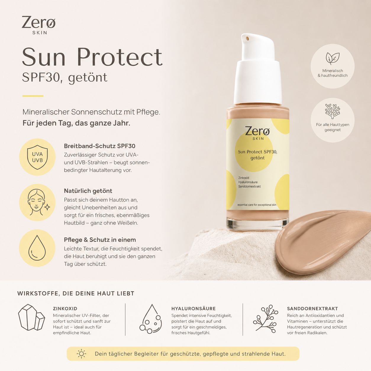 Zero Skin Sun Protect SPF30, getönt - ausgleichender Sonnenschutz mit Hyaluronsäure & Sanddorn